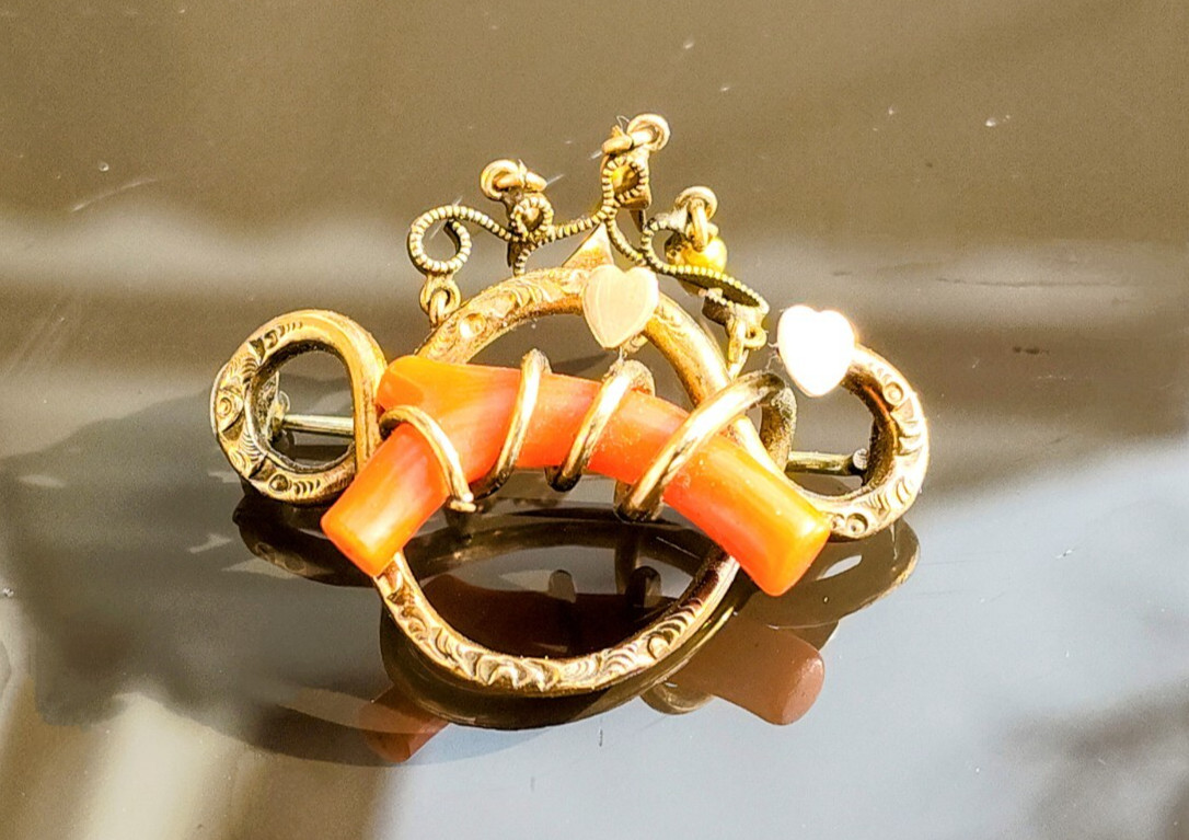 Antique 1800’s Victorian Gold Filled Red Coral Double Heart Love Knot Brooch/Pin