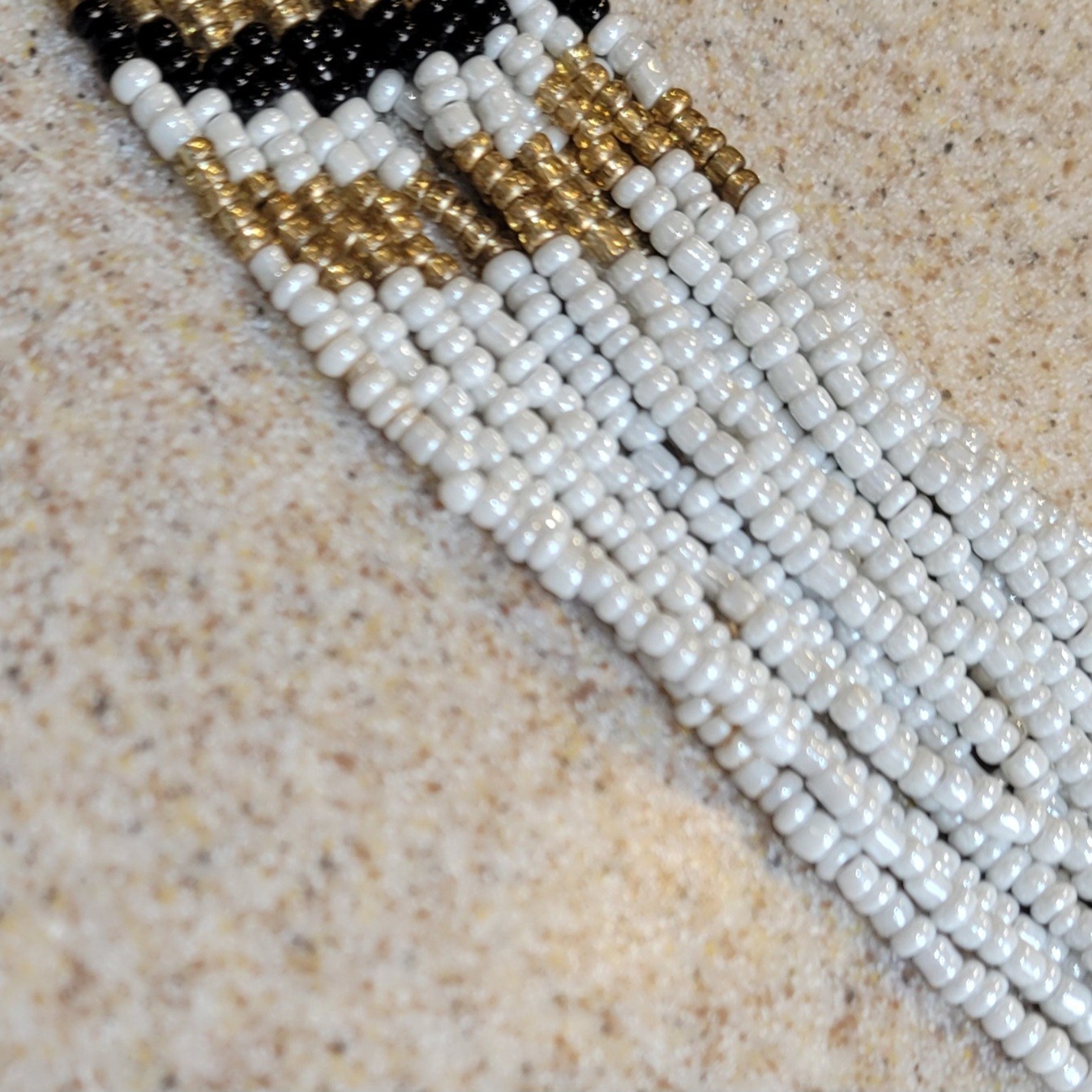 Vintage 16 Strand Black White Gold Seed Beads 22in Beaded Necklace 3in Extender