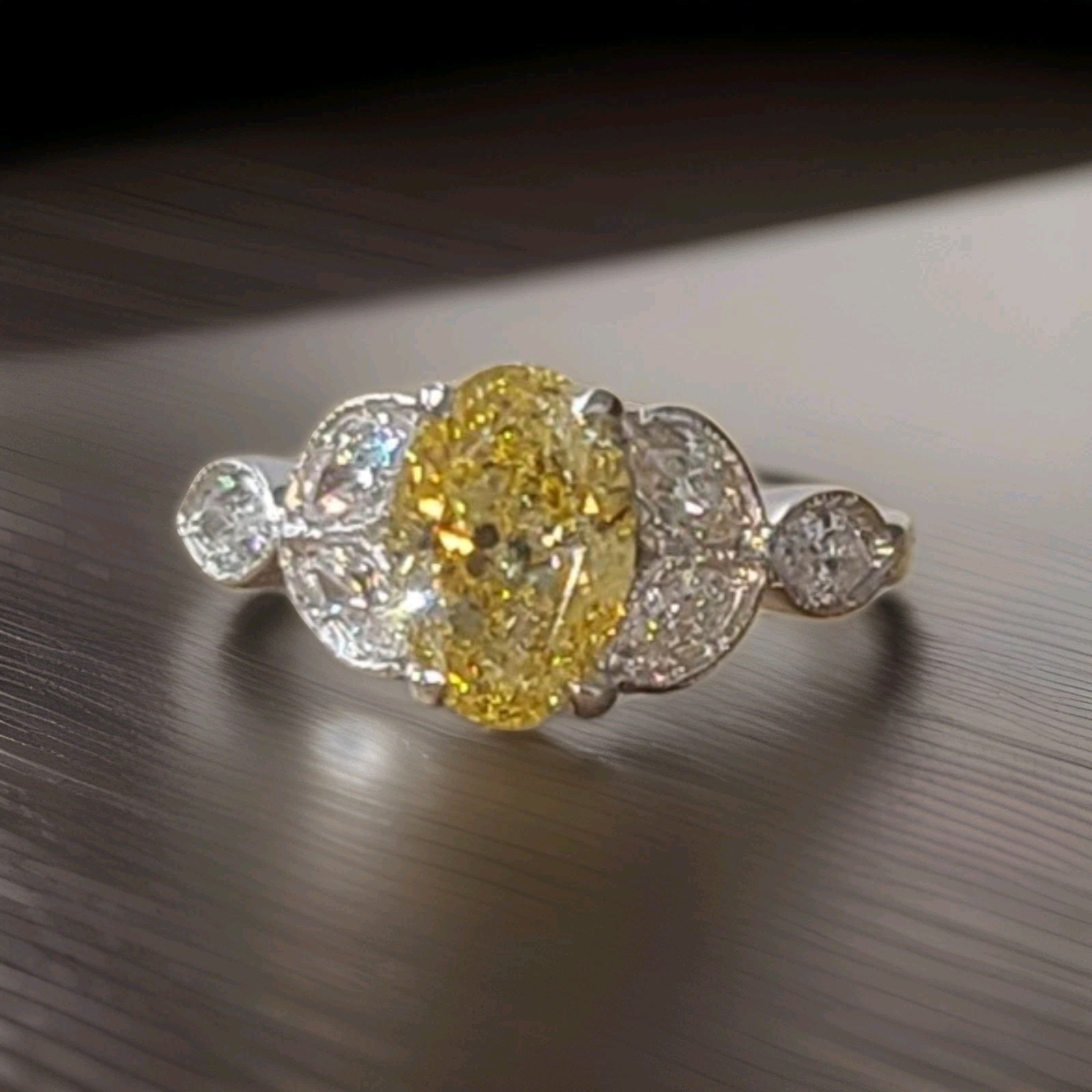 Vintage Platinum Engagement Ring 1.52CT.Natural Yellow Diamond Oval Shape