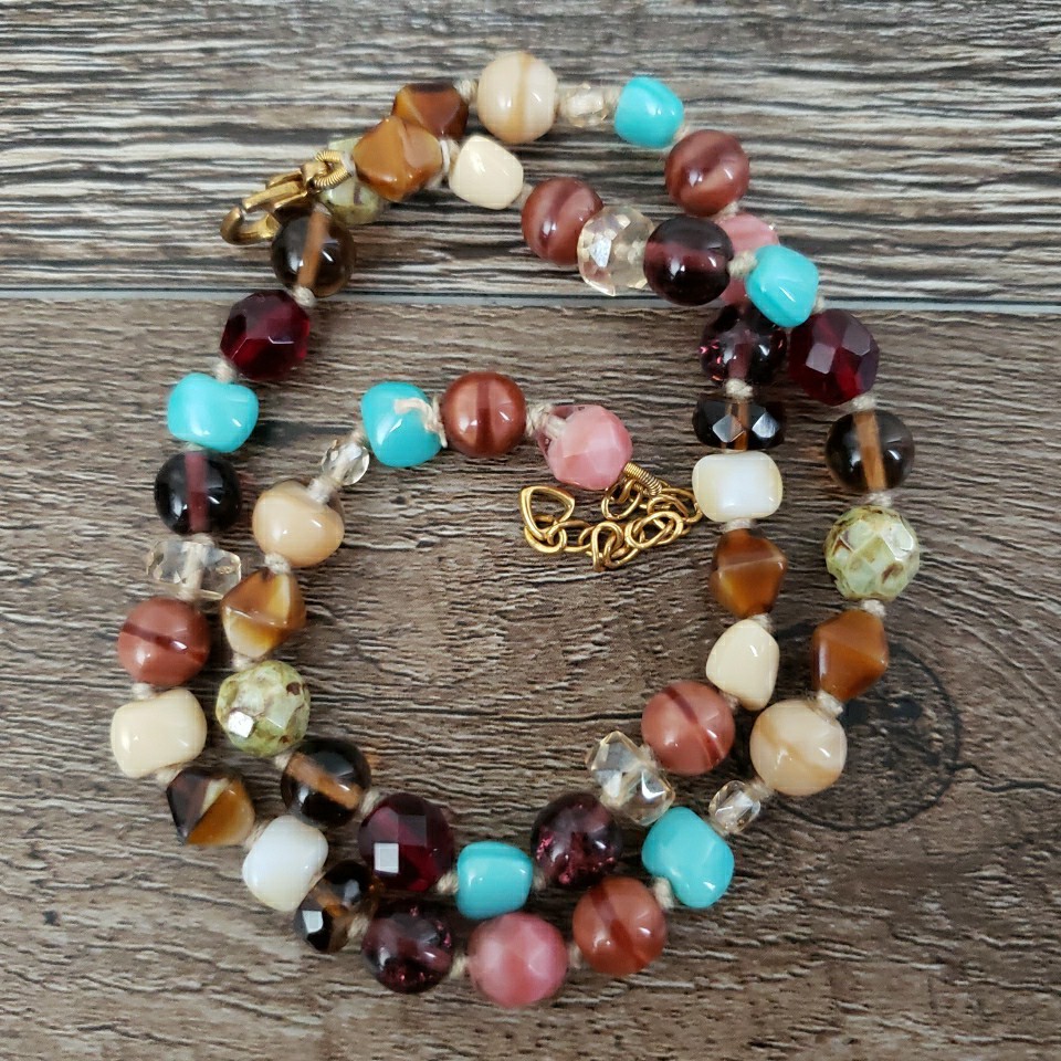 VTG Multi Polished Gemstone Necklace 16.5″ Knotted Faceted Glass Agate