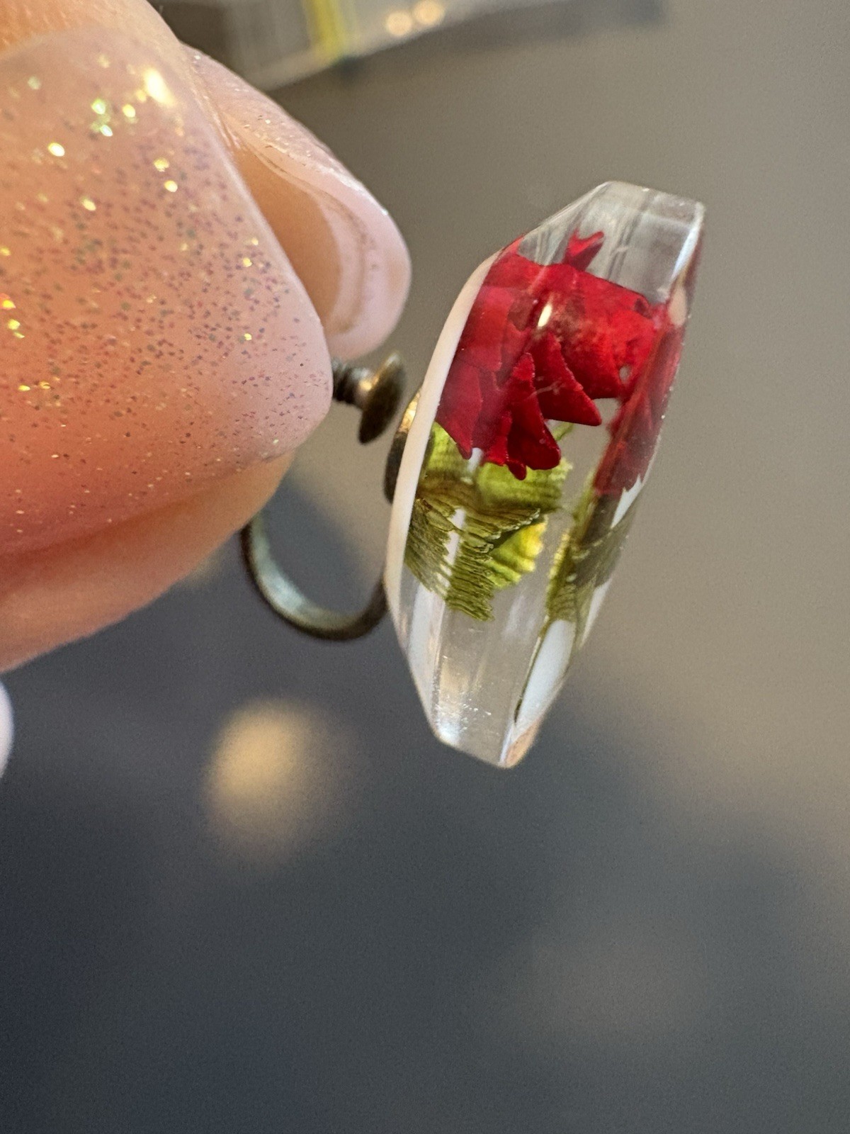 1950’s MCM Lucite Reverse Carved Red Rose Earrings Screw Post Back Gorgeous