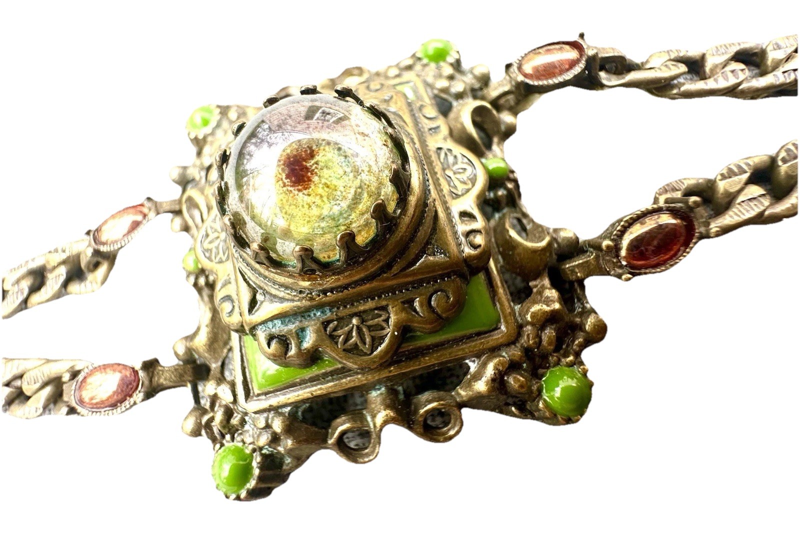 VTG Uranium Vaseline Glass Jewelry Bracelet Panel Cabachon Art Deco Style Czech