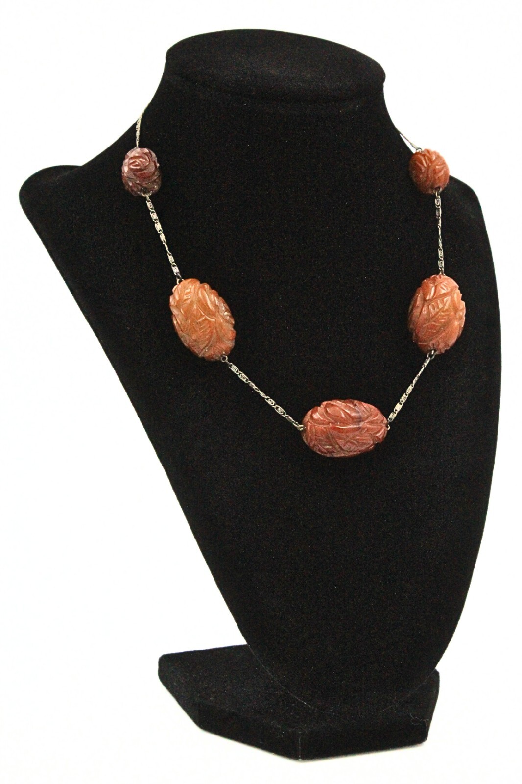 Antique Art Deco Silver 850 Carved Bakelite Flower Bead Station Necklace