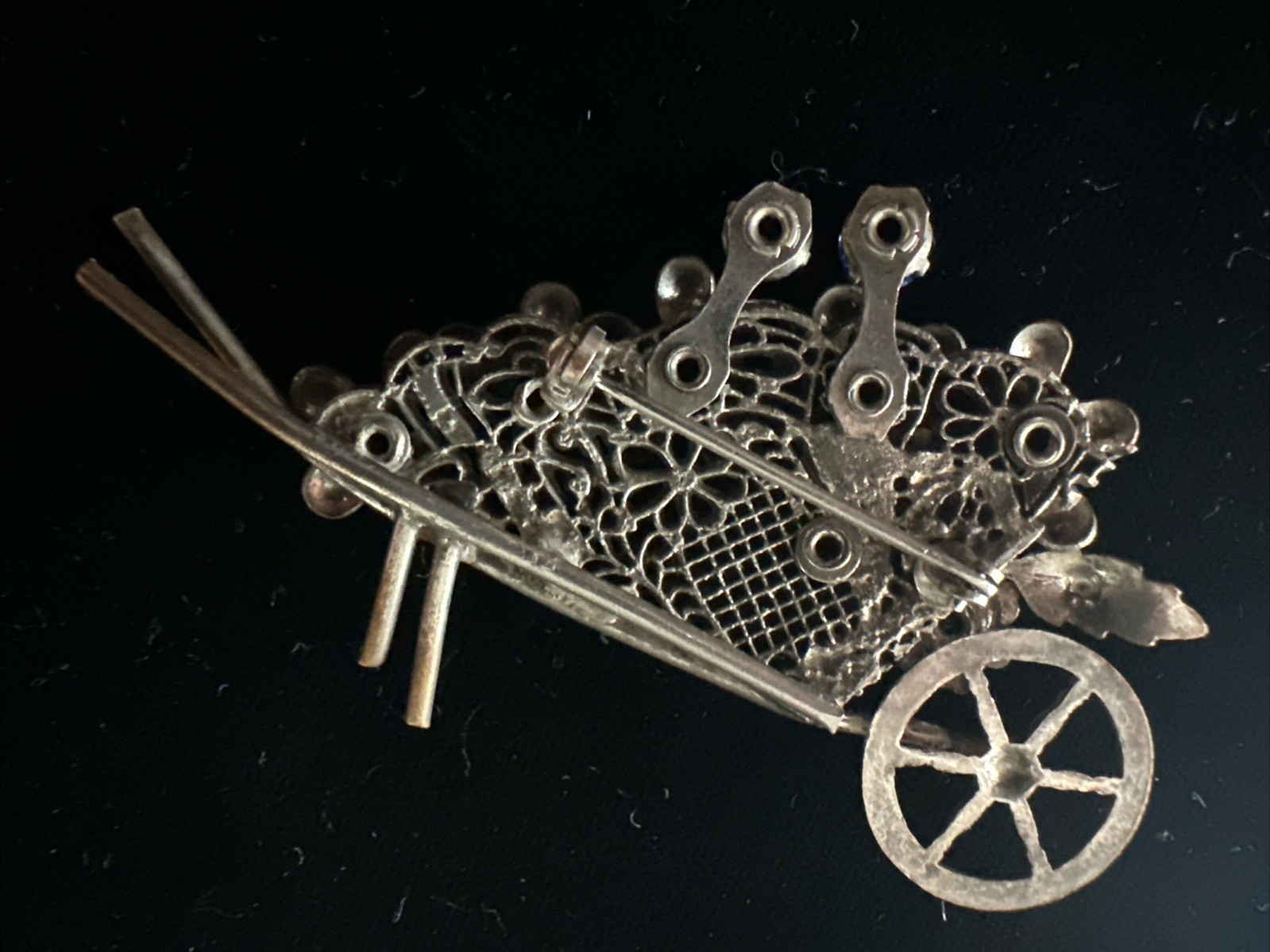 Vintage Wheelbarrow Pin Brooch Rhinestone Flowers Brass Filigree Garden Cart