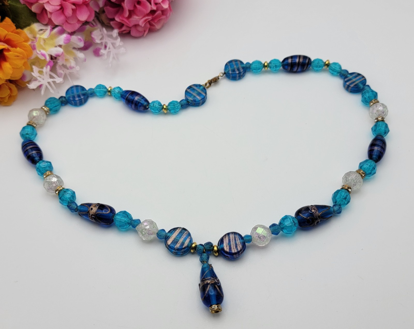 Vintage Gold Foil Blue Glass Beaded Necklace 22.5″
