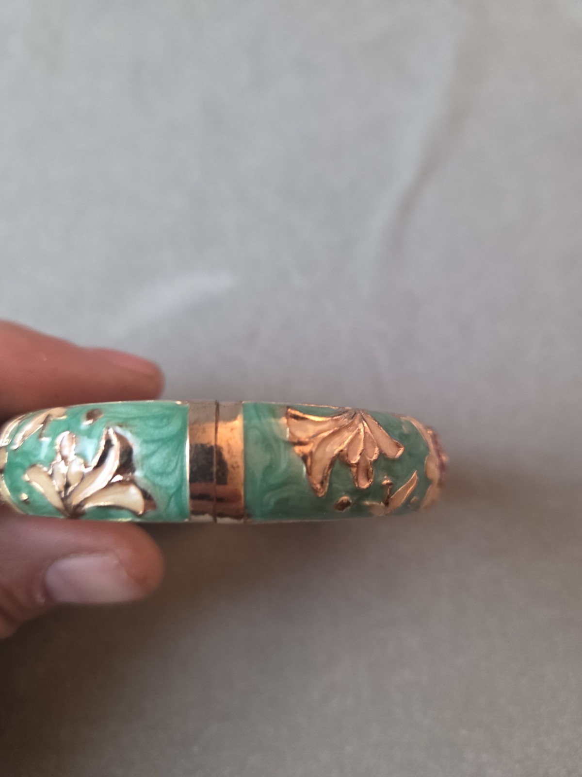 Signed UJOY Cloisonné Hinged Bracelet With Open Work Design Teal & Floral