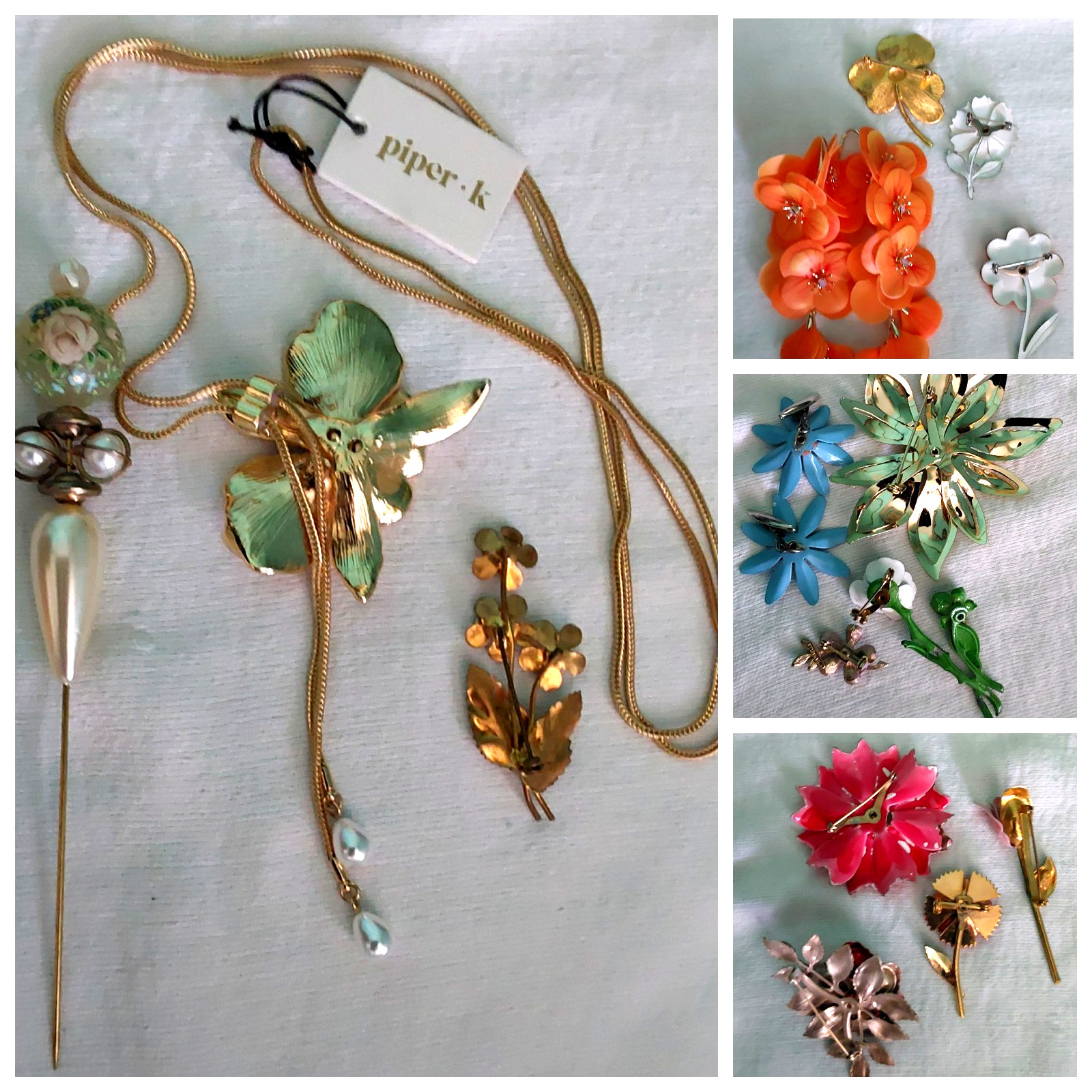 Vintage High End Flower Brooch Earring Necklace Jewelry Lot 15 pcs VGC