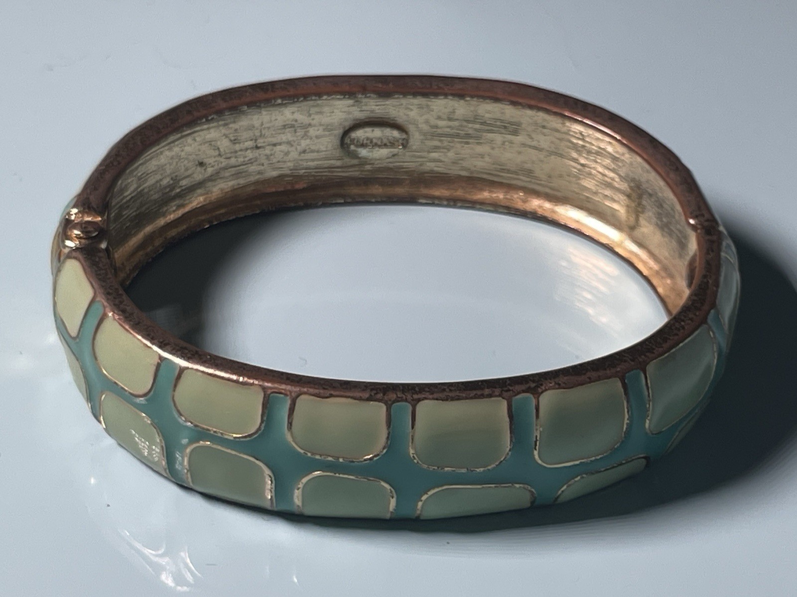 Fornash Enamel Hinge Bangle Bracelet Turquoise Cream Gold Tone