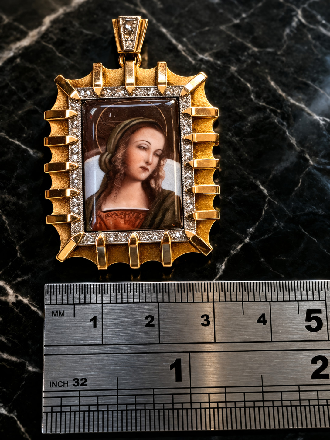 Antique sXIX 18K Gold Diamond Virgin Medallion Pendant Virgin Mary Very Rare SET