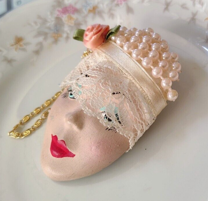 Vtg Retro Porcelain Painted Face Brooch Faux Pearl Peach Rose Lace Hat Red Lips