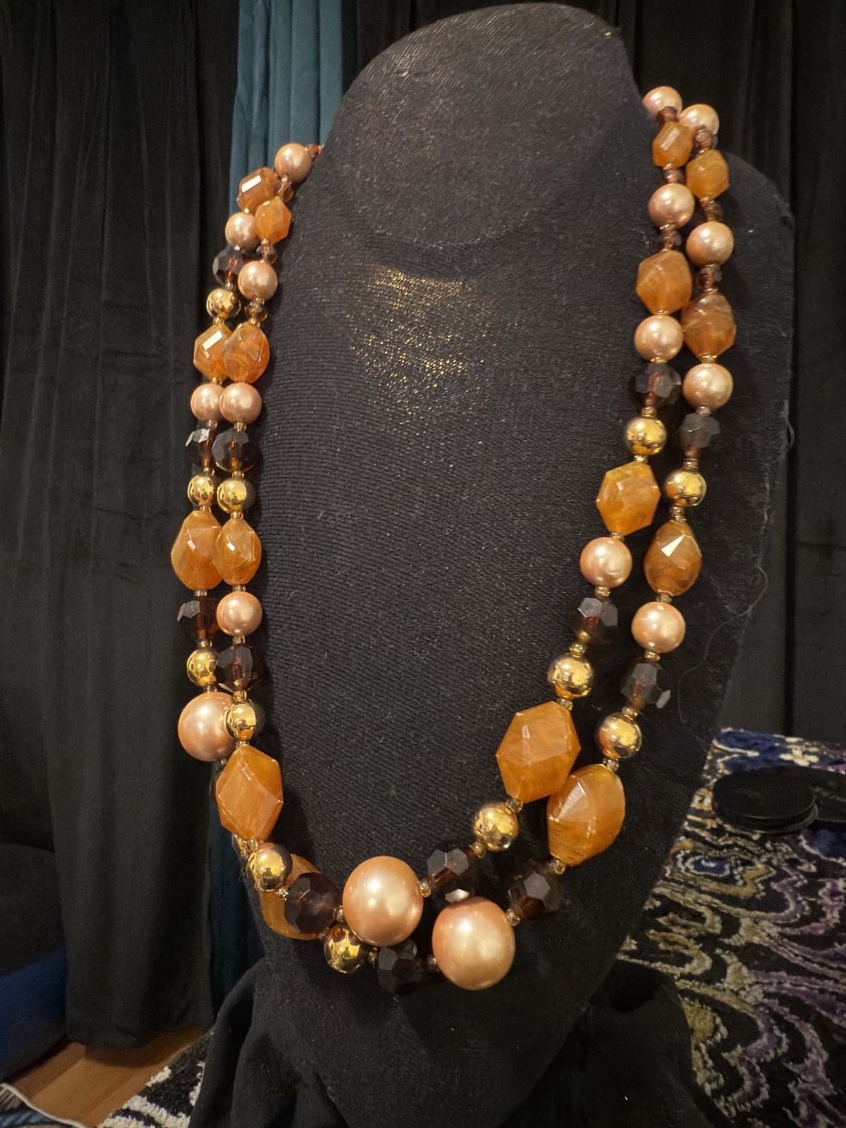 Vintage Made In France Multi Strand Amber Glass Faux Pearl Necklace 1960s-70s