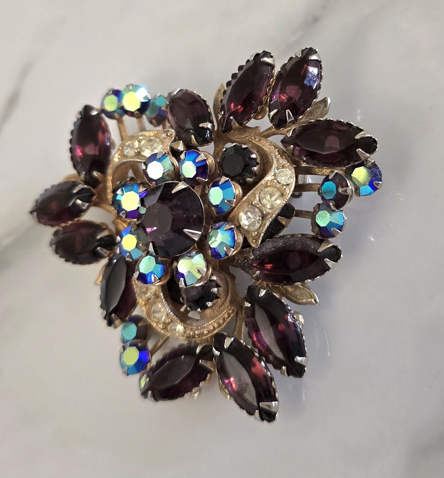 Vintage Purple And AB Blue Rhinestone Brooch
