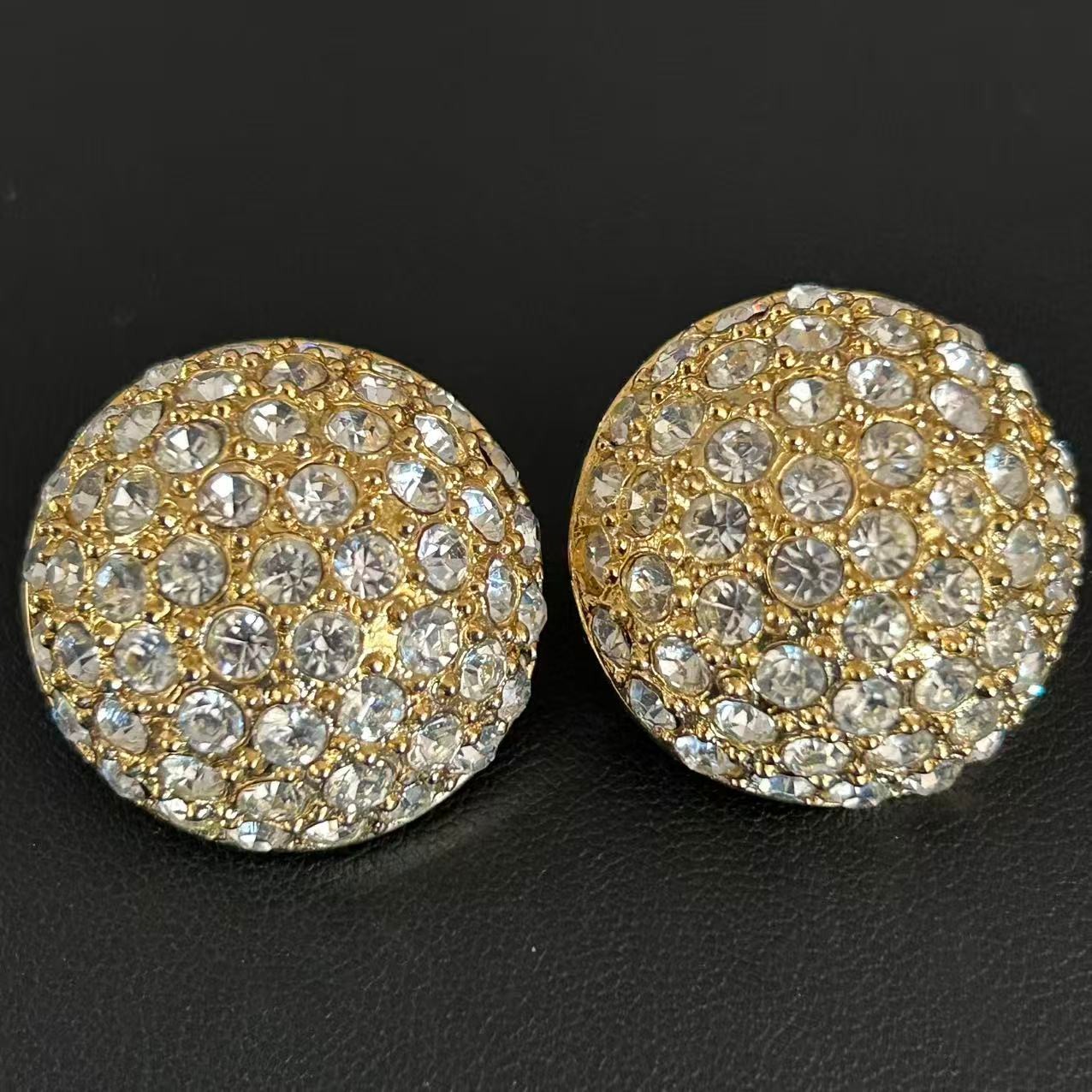 Vintage 1980s Gold Tone Pave Rhinestone Dome Clip On Earrings Snowball Statement