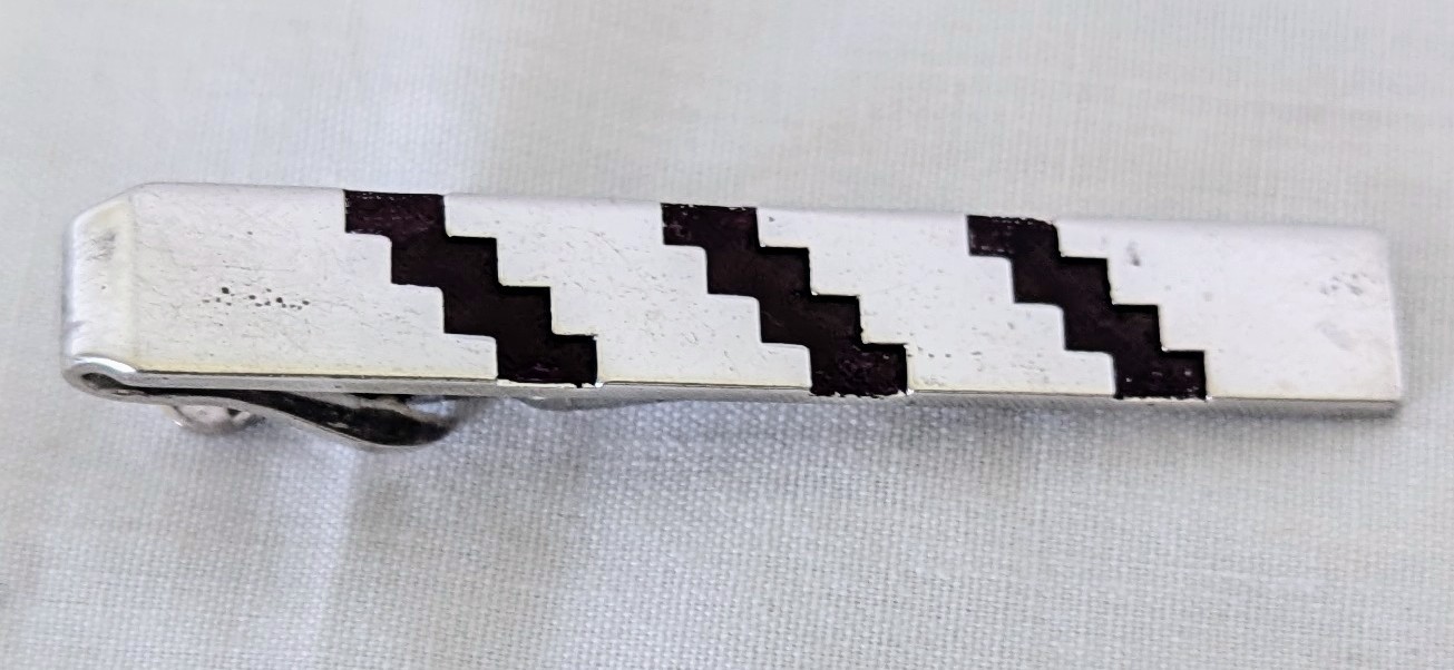 Geometric Tie Clip and Cuff Links Silvertone and Black Stair Step Design Vintage