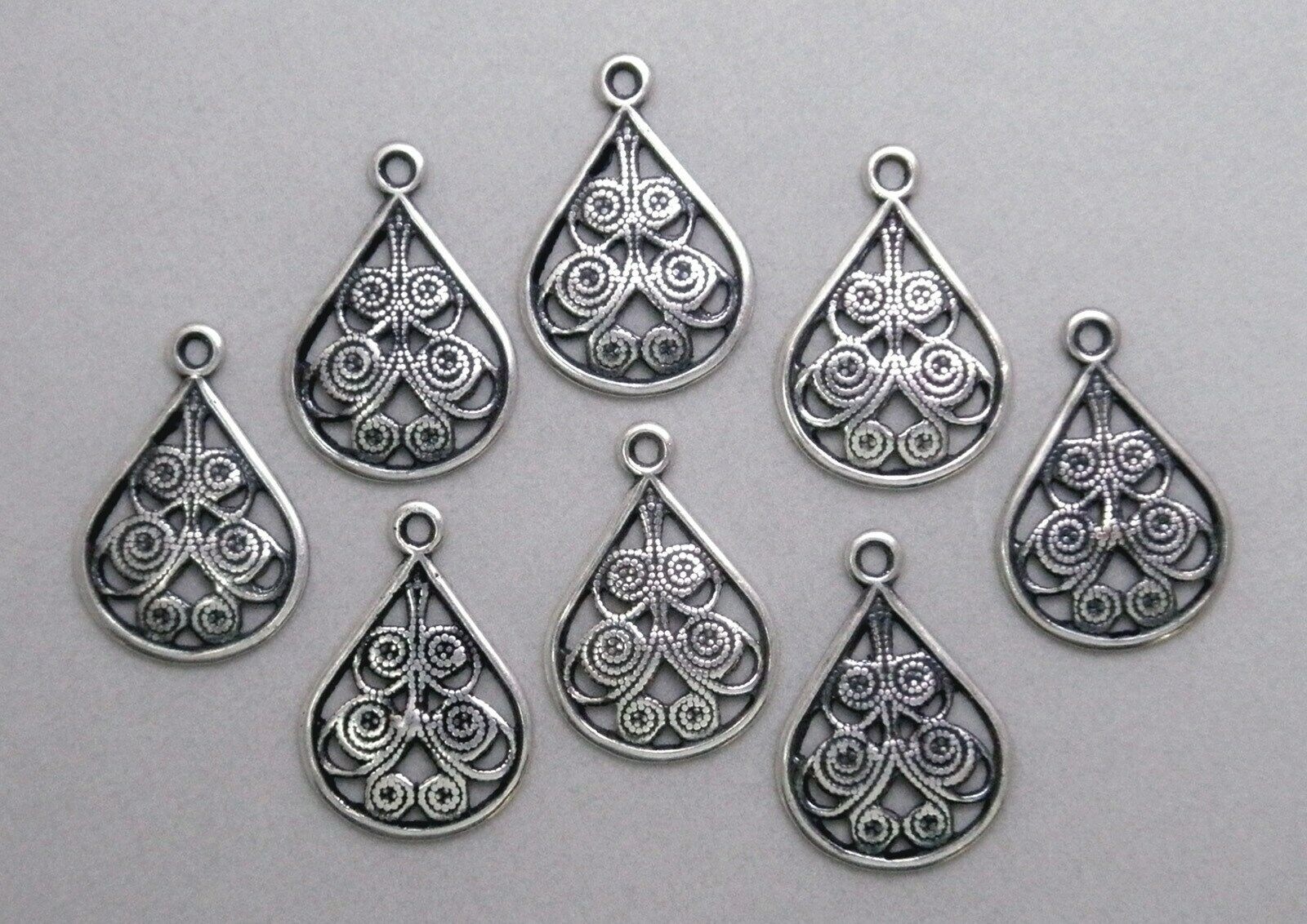 #1199 ANTIQUED STERLING SILVER PLATED OPEN FILIGREE TEARDROP W/TOP RING – 12 Pcs