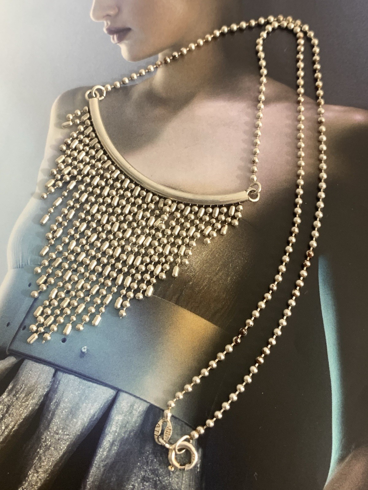 925 Sterling Silv Beaded Chain Cascading Fringe Bib Necklace Signed ATI Italy