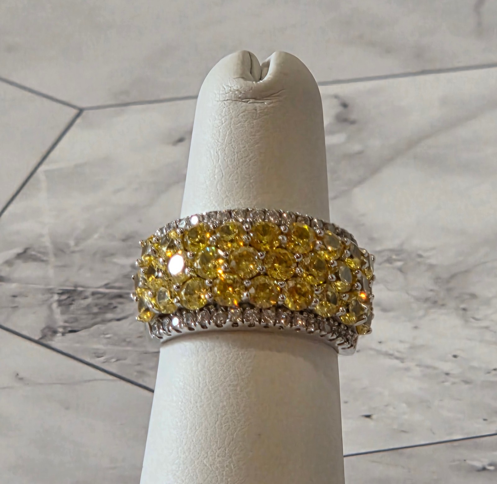 VINTAGE 925 Silver signed SD 3 Row Yellow Citrine w/ CZ Accent Ring sz 5