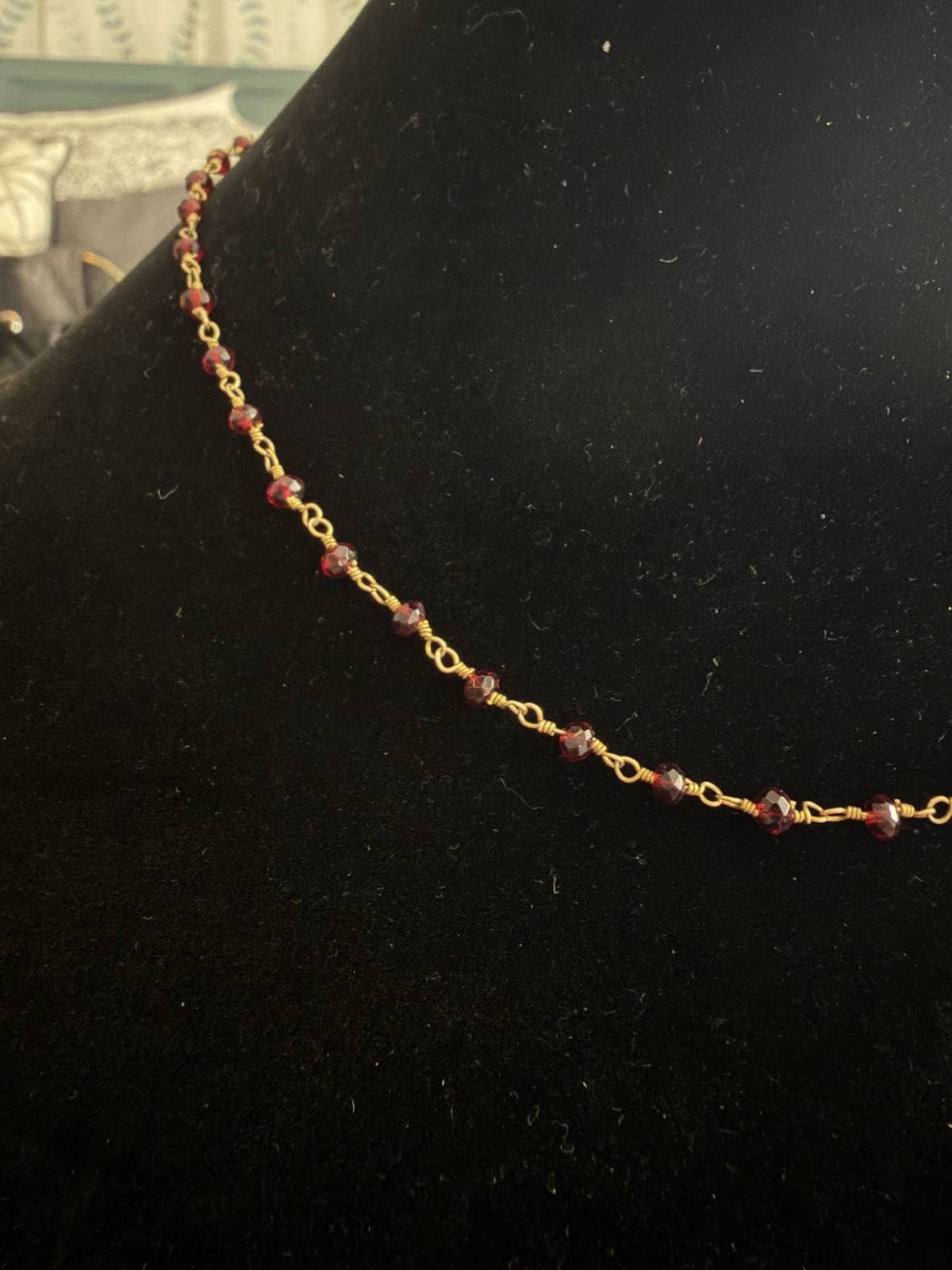 Vintage Gold Tone Red Faceted Glass Bead Station Necklace 18” Minimalist Dainty