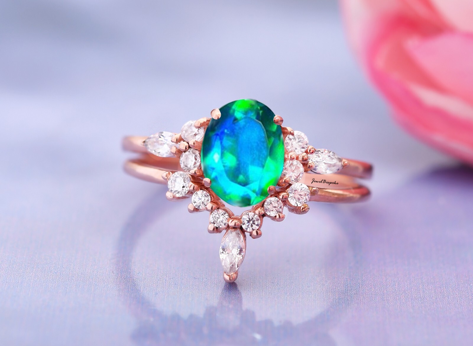 Oval Cut Peacock Quartz Engagement Ring Set 2 Pcs 14K Gold Plated Ring Gifts