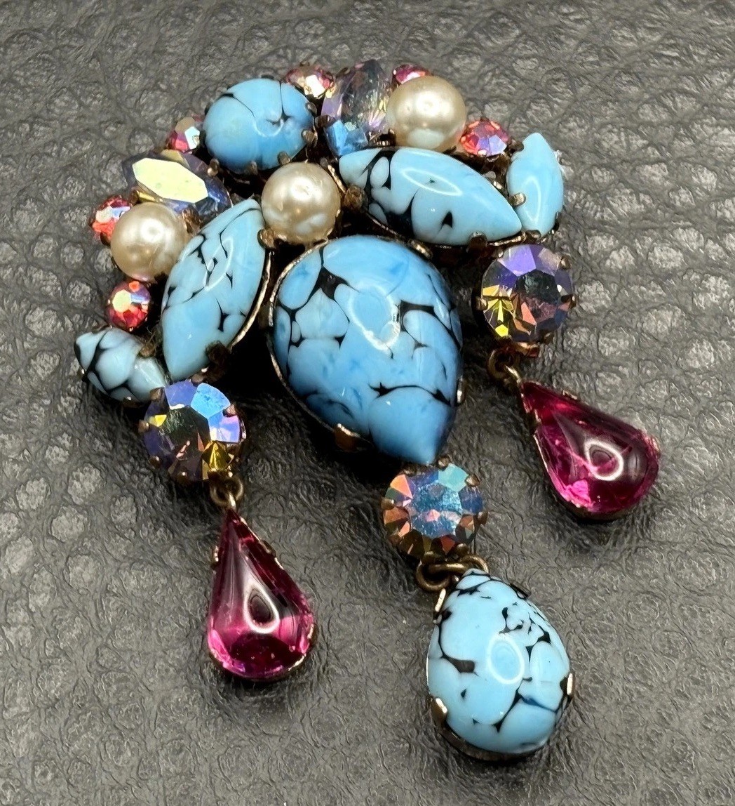 VTG Austrian Glass Faux Turquoise Speckle Rhinestone Dangle Brooch Pendant