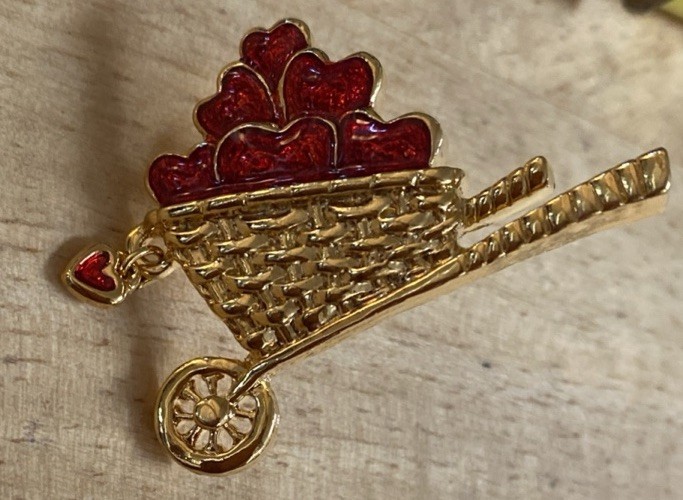 Vintage Avon Garden of Love Enamel Brooch Wheelbarrow Full Hearts Pushback Pin