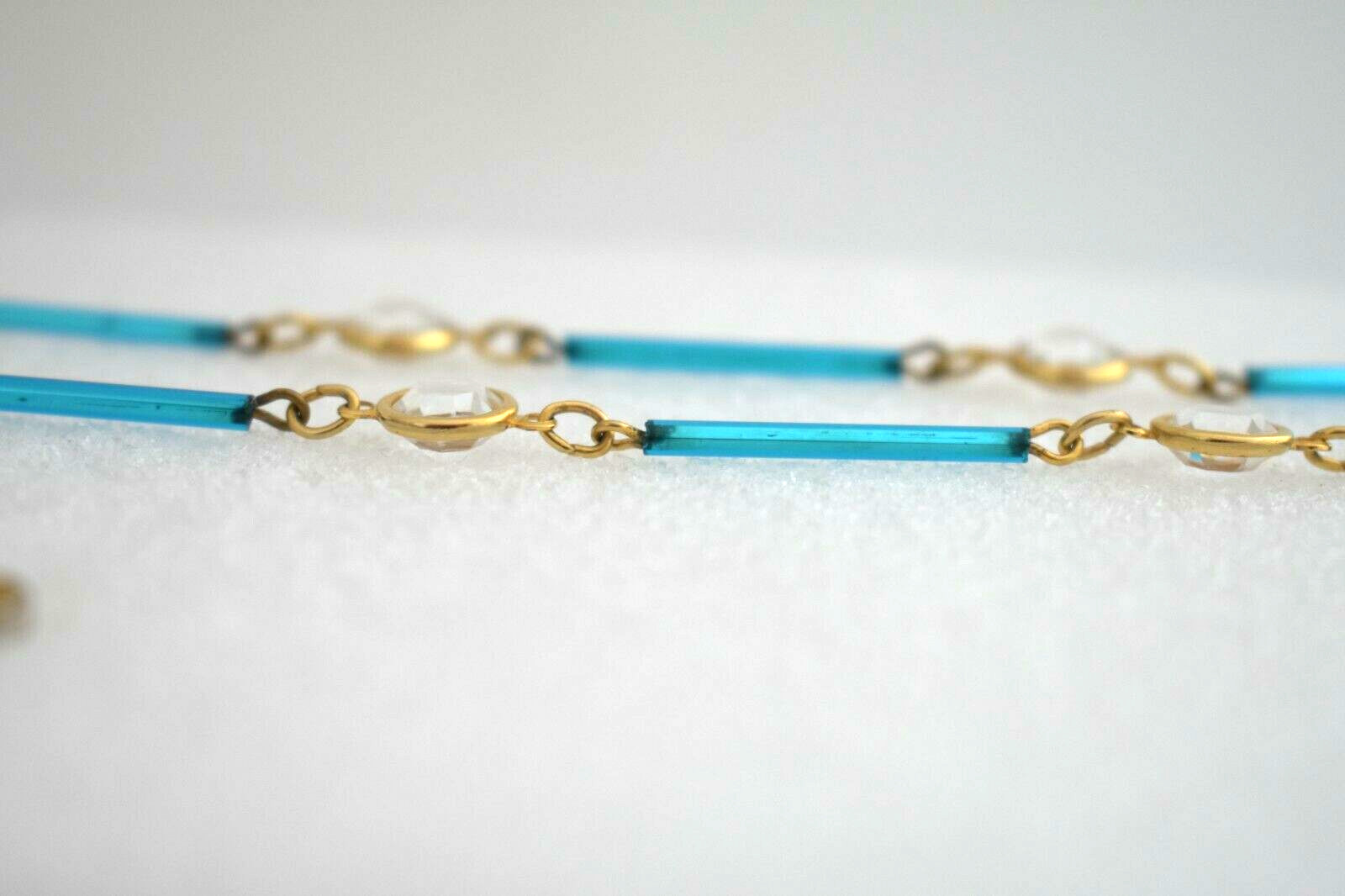 Vintage Austrian Crystal USA Long Beaded Necklace 36″ Rare Tube Beads Teal Blue
