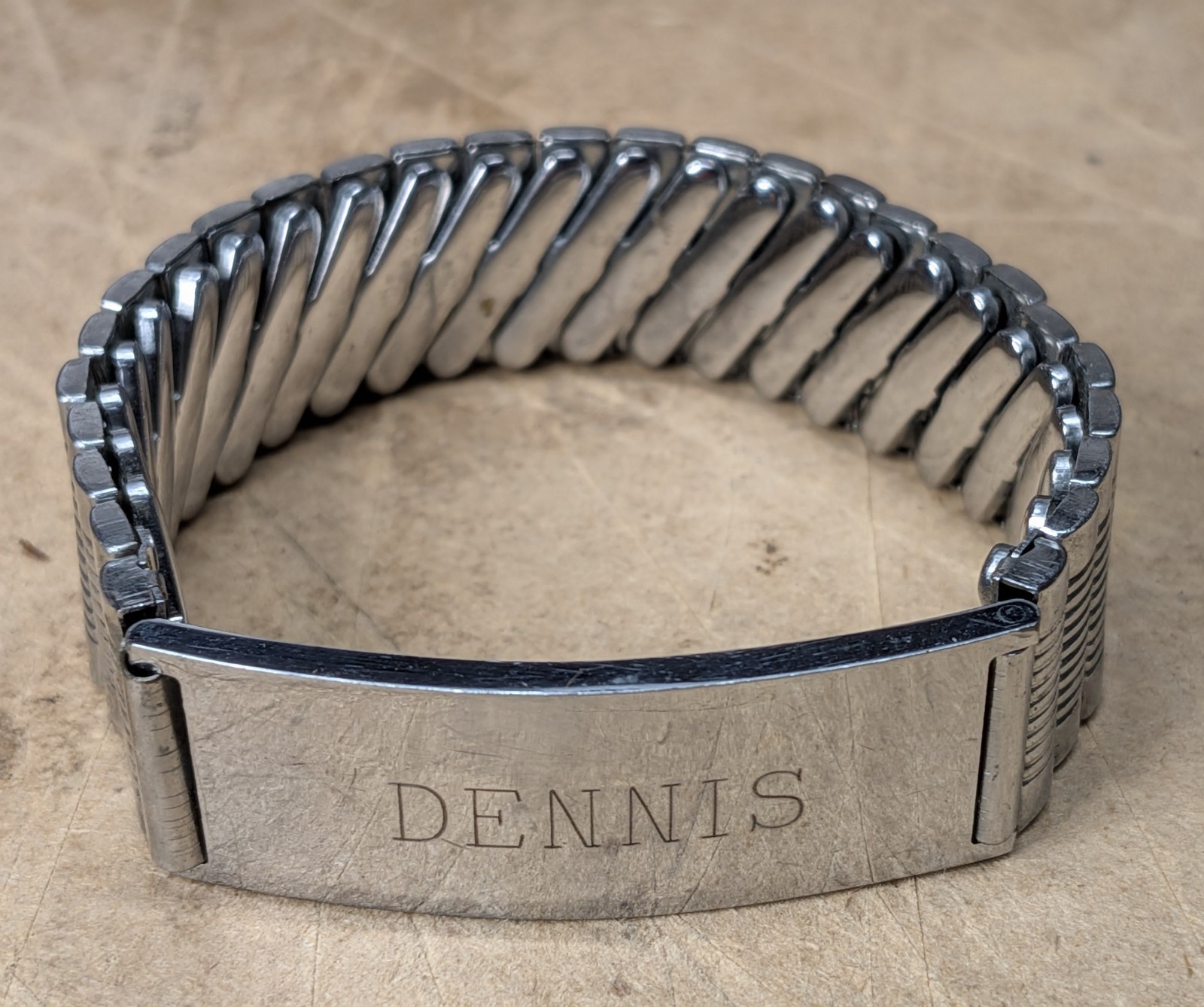 Vintage Topps Japan Mens ID Bracelet SS Marked “Dennis” Expanding Band