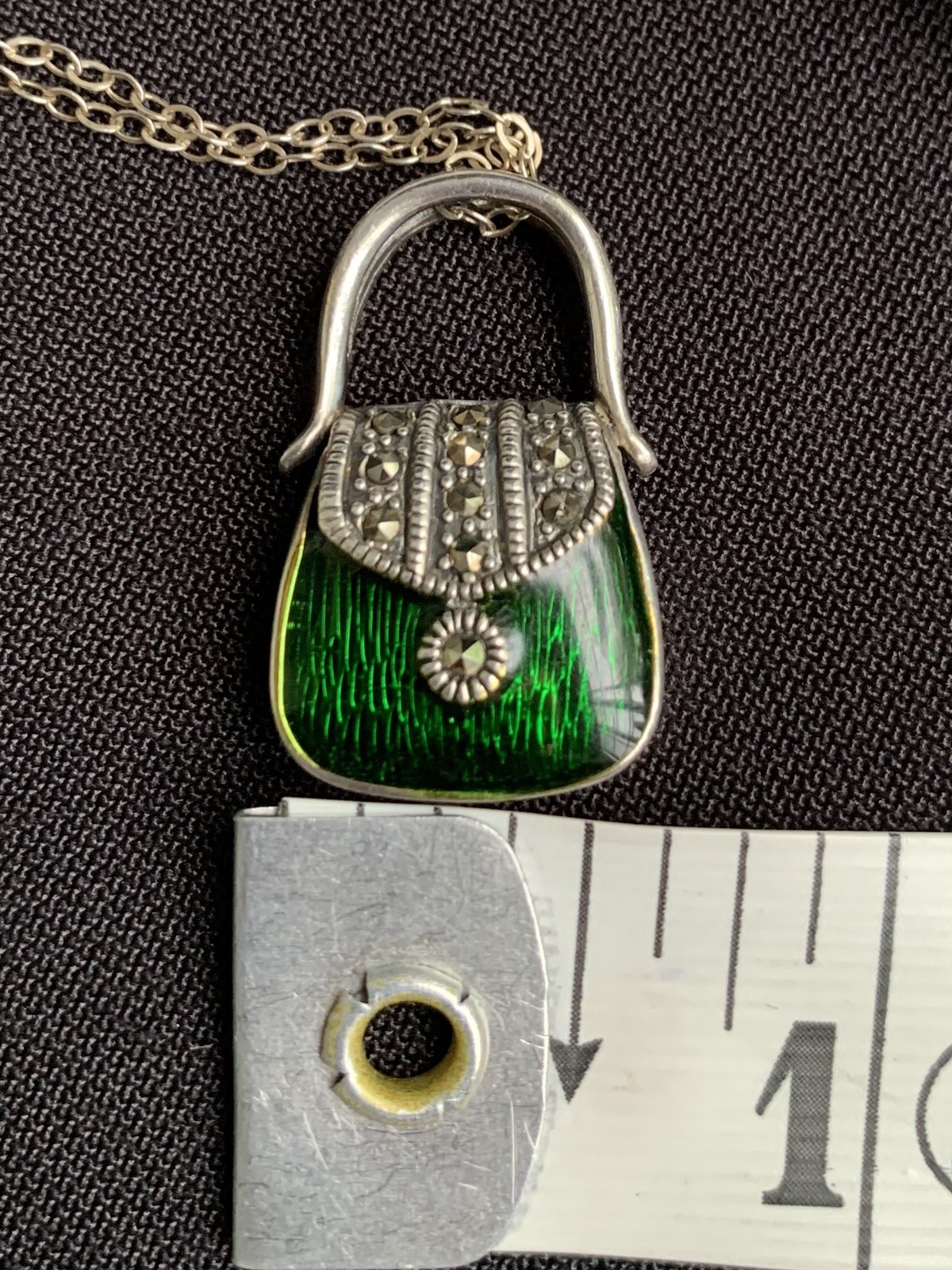 Vintage 925 Sterling Silver Green Guilloche Enamel Purse Handbag Pendant w/Chain