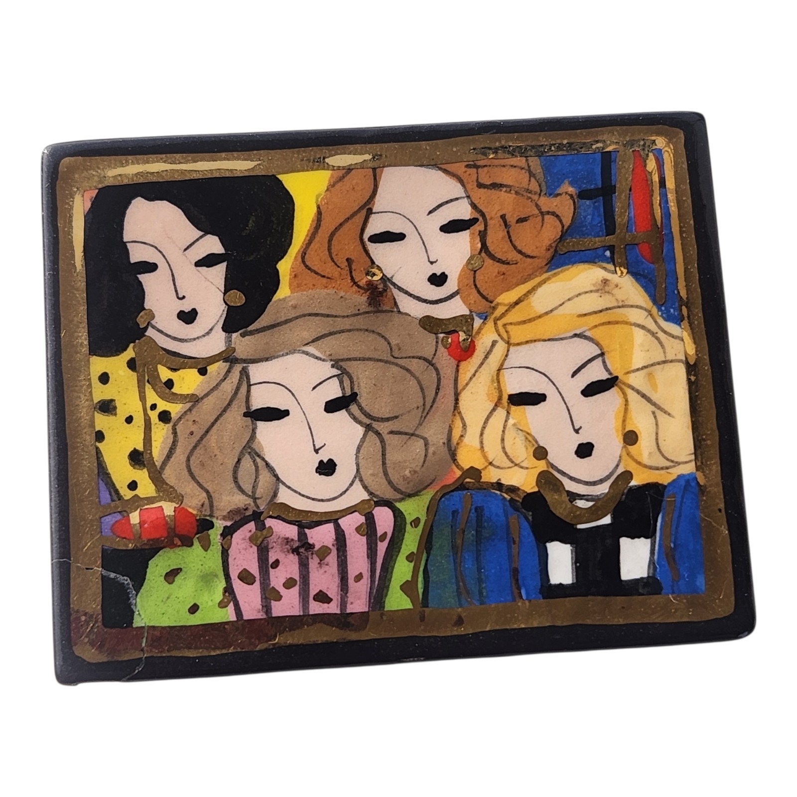 Laura Mostaghel Signed Hand Painted Folk Art Brooch Women Faces Portrait