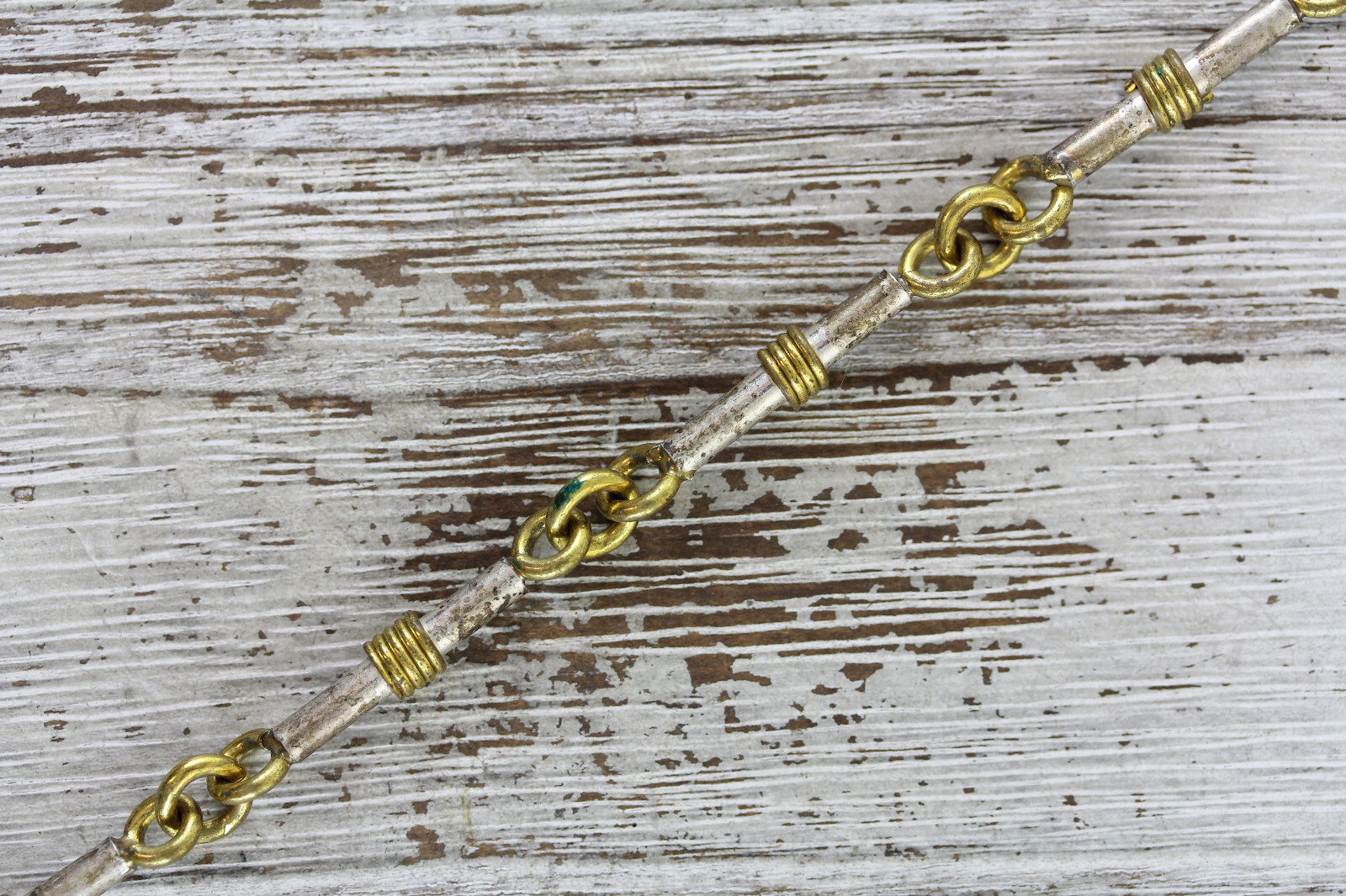 VINTAGE BRONZE STERLING SILVER 925 8.5″ BRACELET WIRE WORK CHAIN BAR LINK TOGGLE