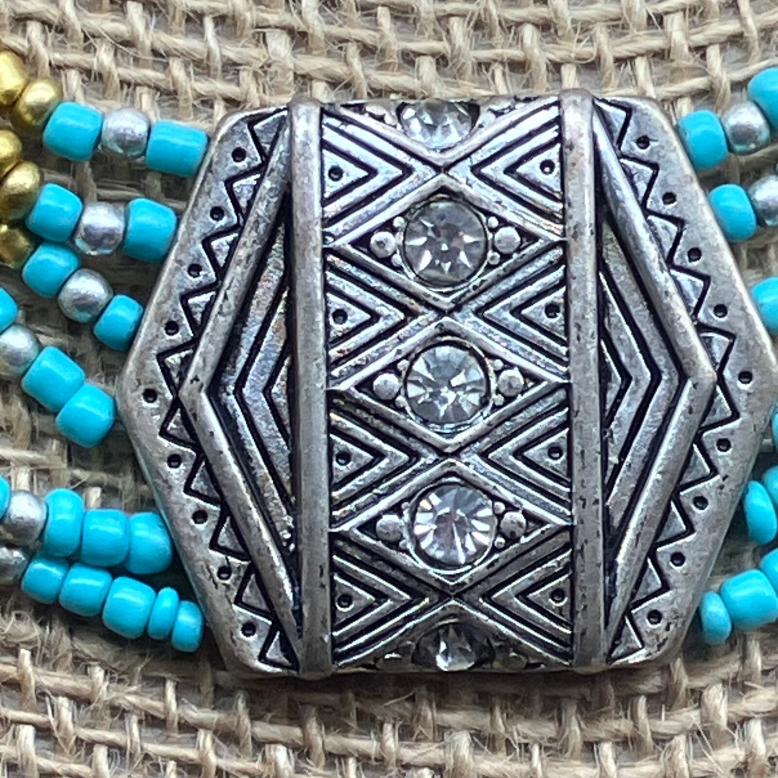Bohemian Multi-Strand Necklace 19 In Tribal Rhinestone Turquoise Beaded Chain