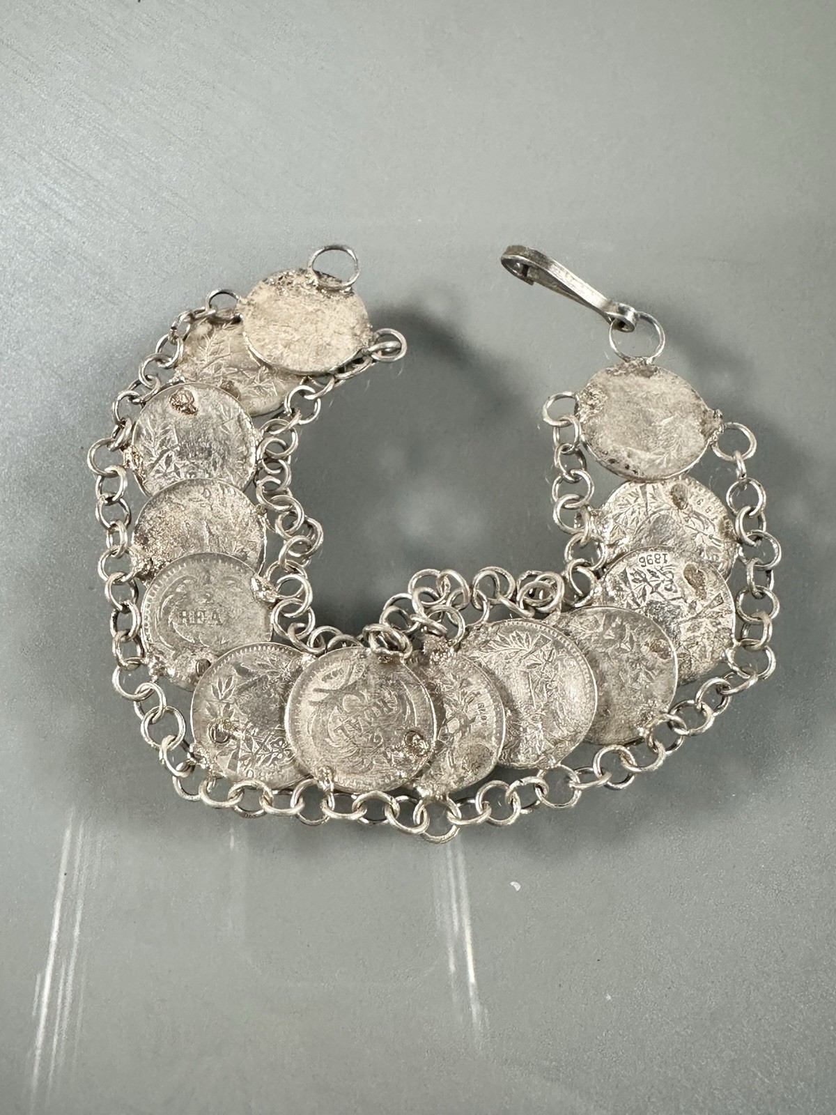Antique 835 Silver 1800s Guatemala Coins Charm Bracelet 7” Inches