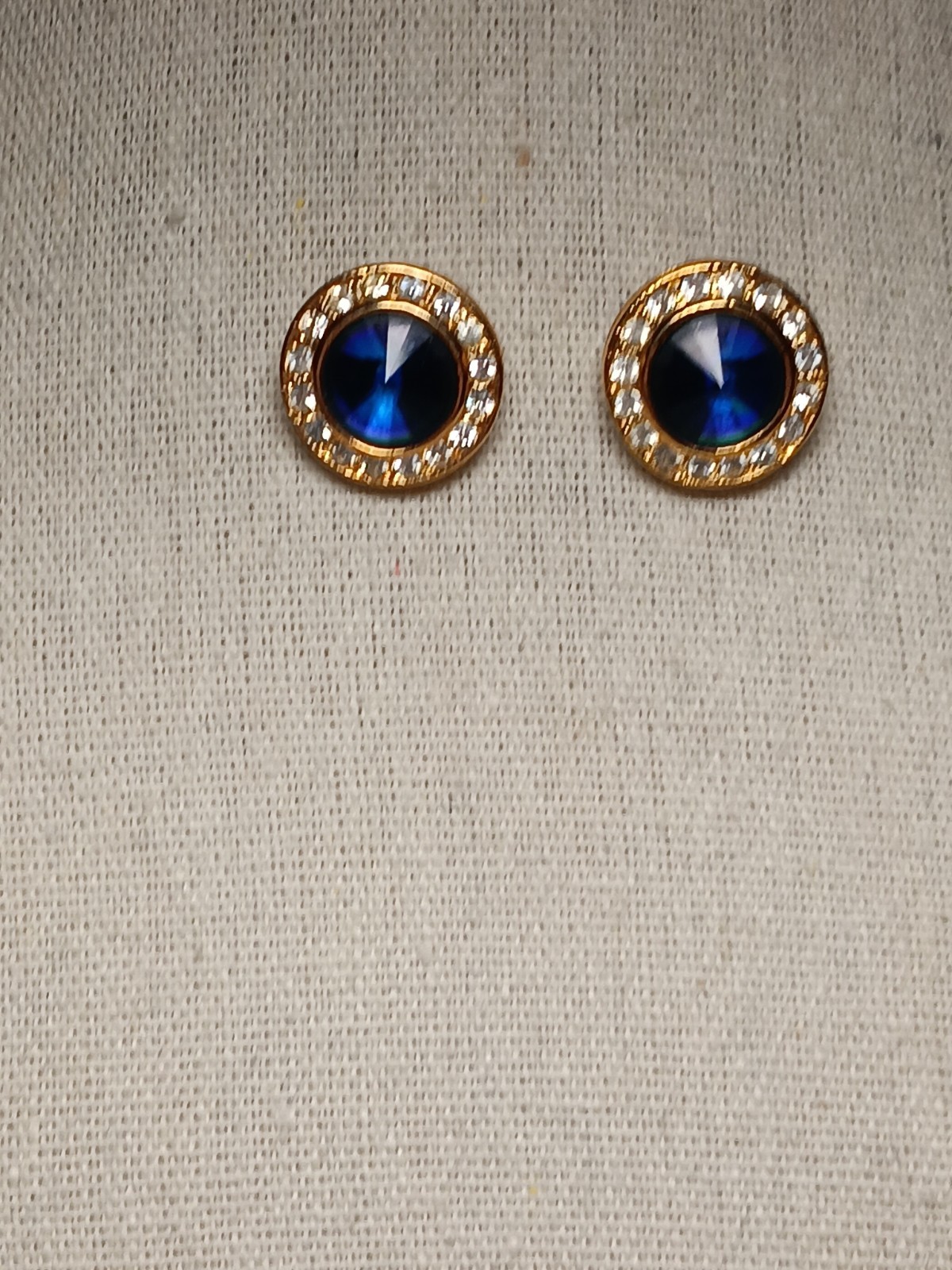Roman Signed Earrings Violet Blue Rivoli Clear Crystal Gold Tone Round Pierced