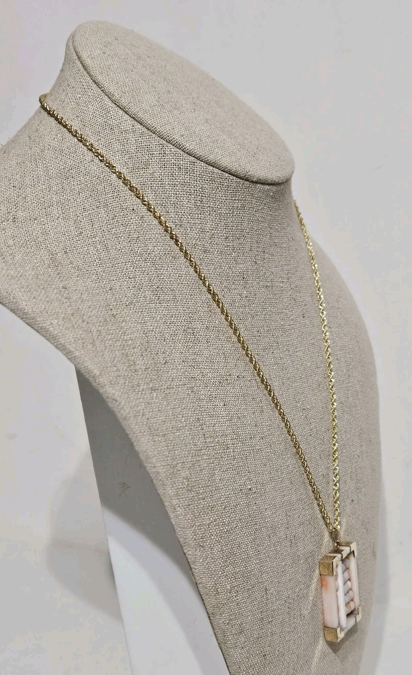 Vintage 14K Gold Angel Skin Coral Abacus Pendant 2mm Rope Chain Necklace 18-3/4″