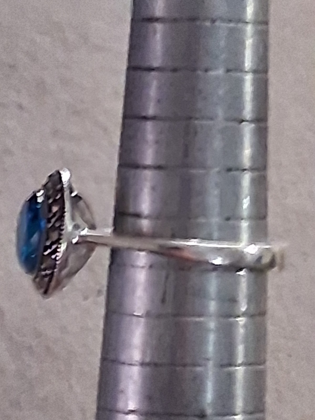 Blue faceted & marcasite halo ring, silverplated, round setting, SZ 6.75
