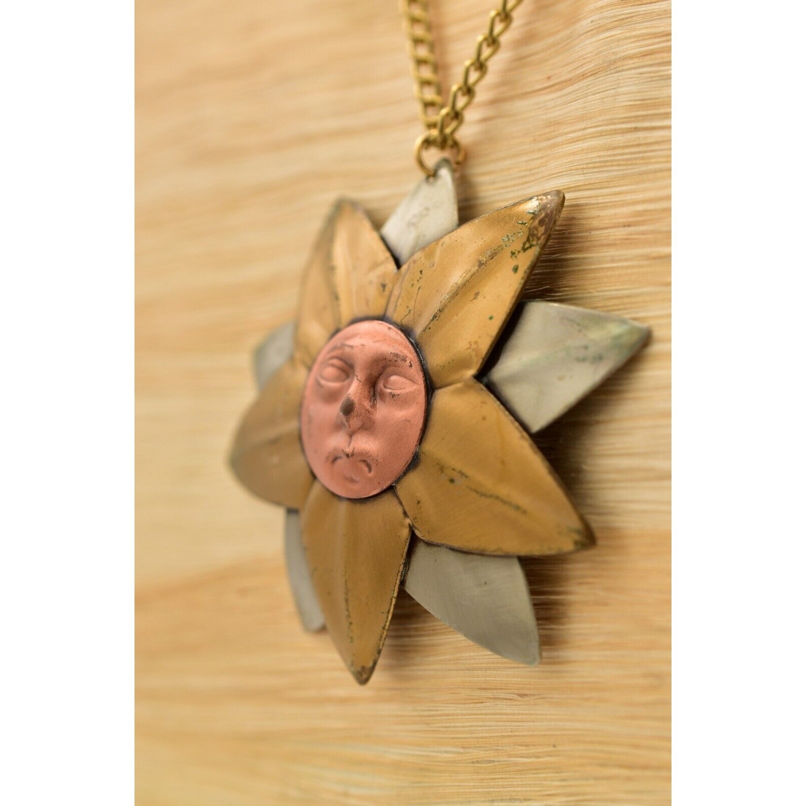 Vintage Sun Flower Pendant Necklace Copper Gold Silver Mixed Metal 1970s BinBH