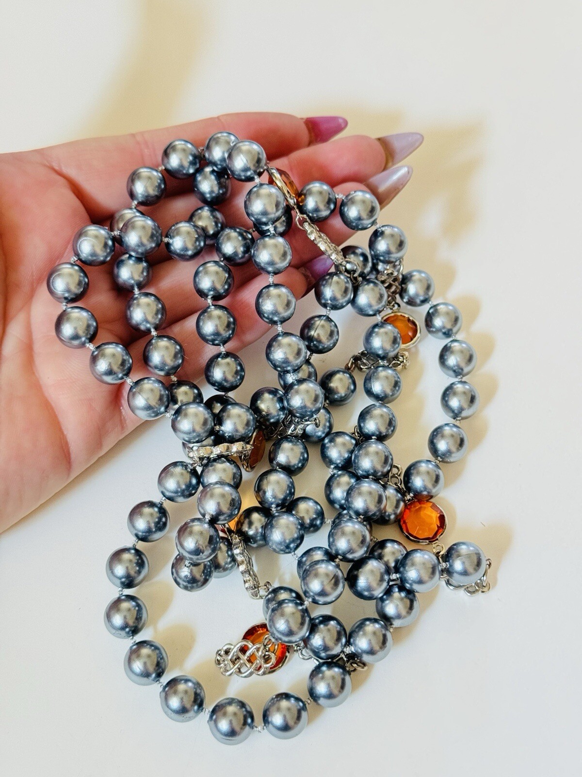 VTG Open Bezel Necklace pearl strand Acrylic Silver Extra Long Runway Beaded 80s