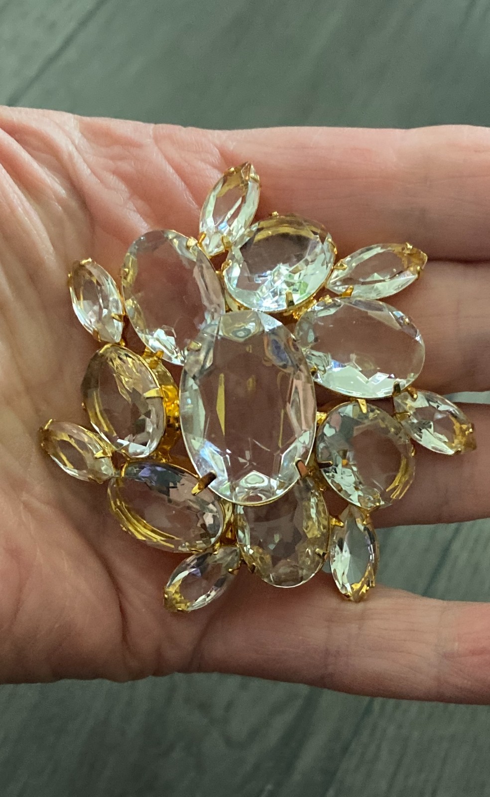VTG Large Clear Rhinestone Cluster Brooch Gold Tone Domed Prong Set Mid Century