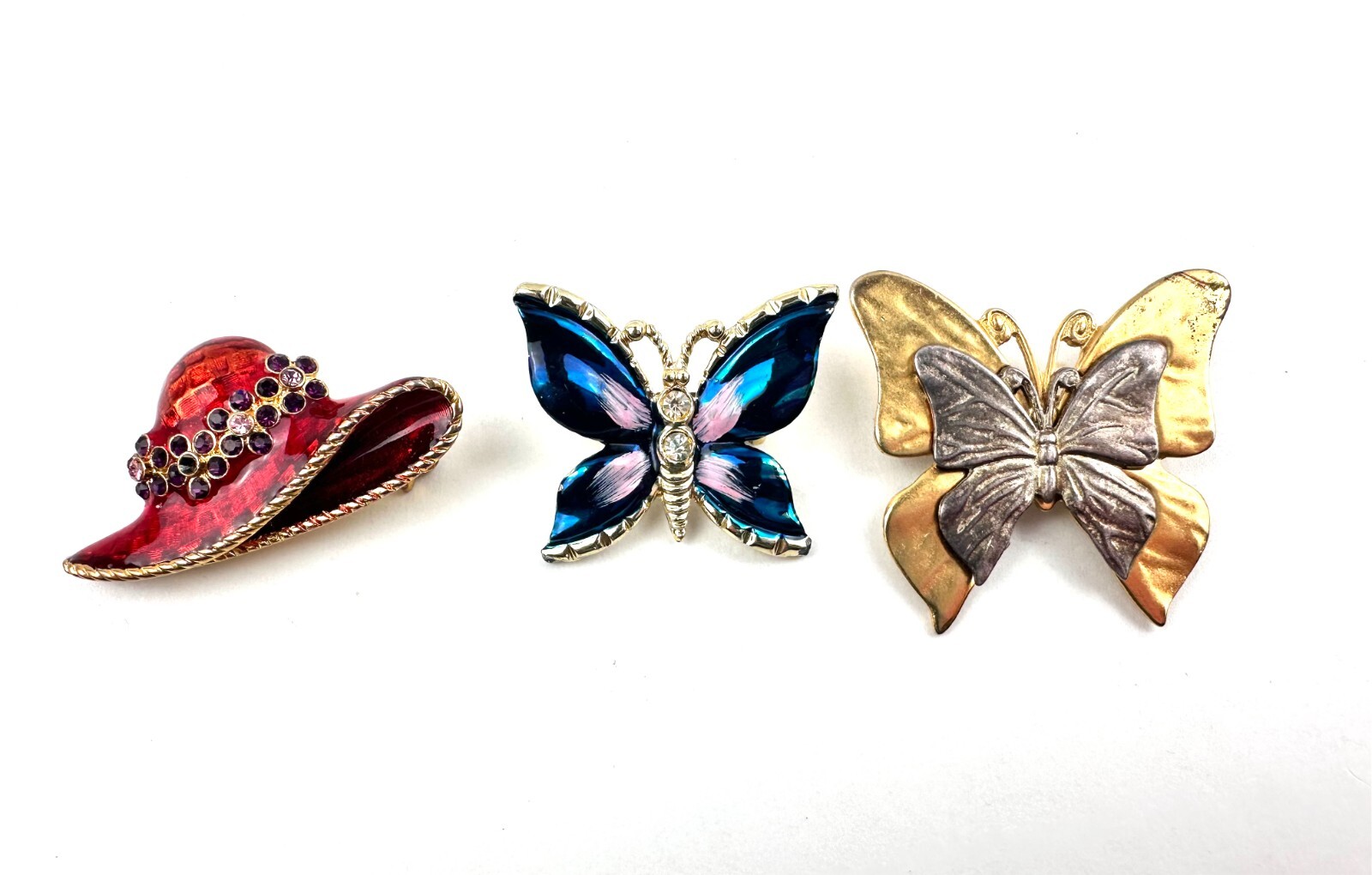 Lot 3 Vintage Brooches Pins: Red Hat Pin, Purple/Pink and Gold/Silver Butteflies