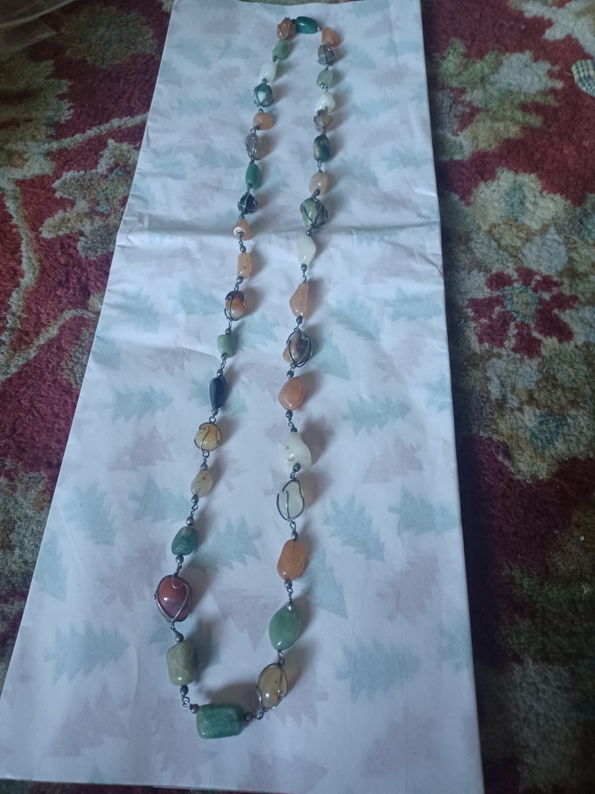 Vtg Artisan Wire Wrapped Tumbled Stone Linked Necklace 18″ Drop. Beggars Beads