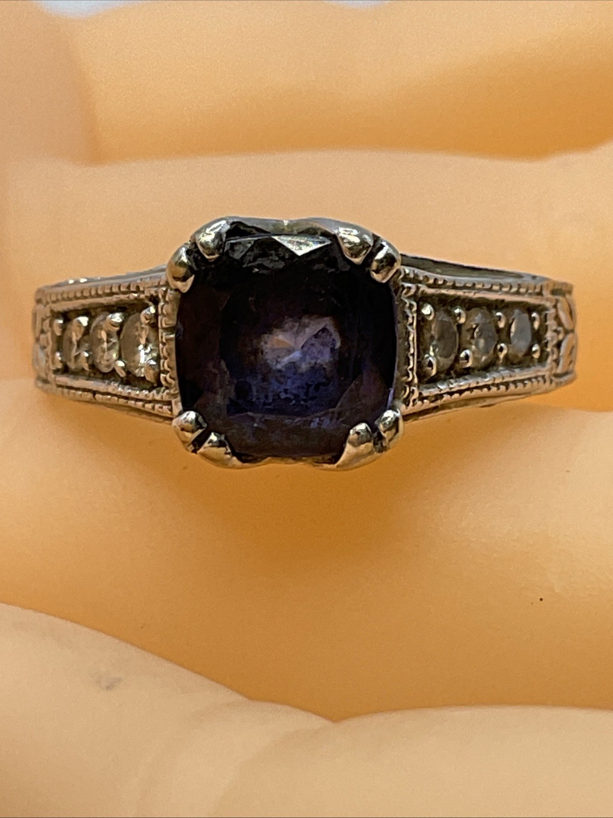 Ladies Ring Solid 14K White Gold Cushion Blue Stone & Diamonds VINTAGE HANDMADE