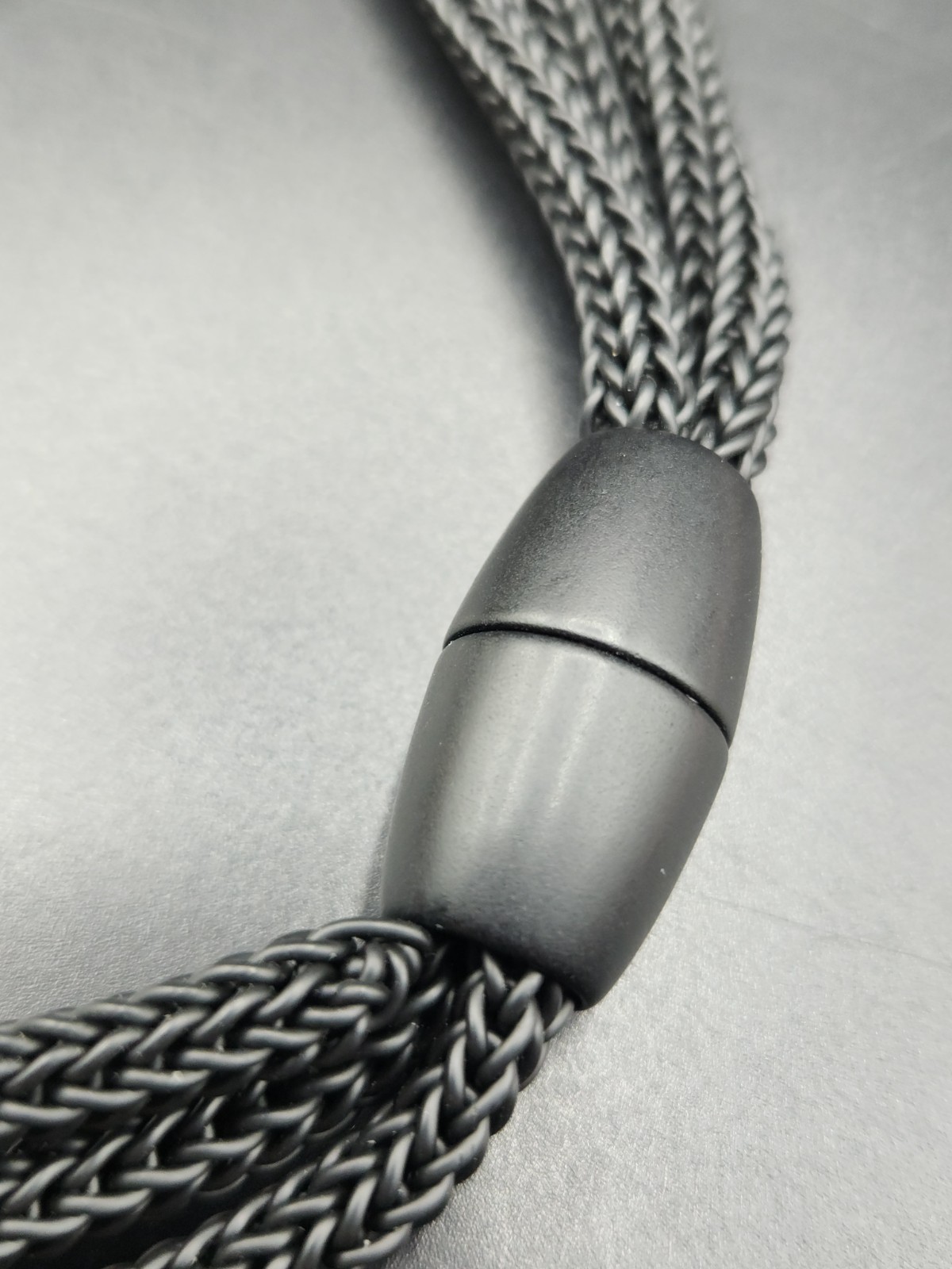 Modernist Multi Strand Black Mesh Woven Cord Necklace With Silver Tone Tubes