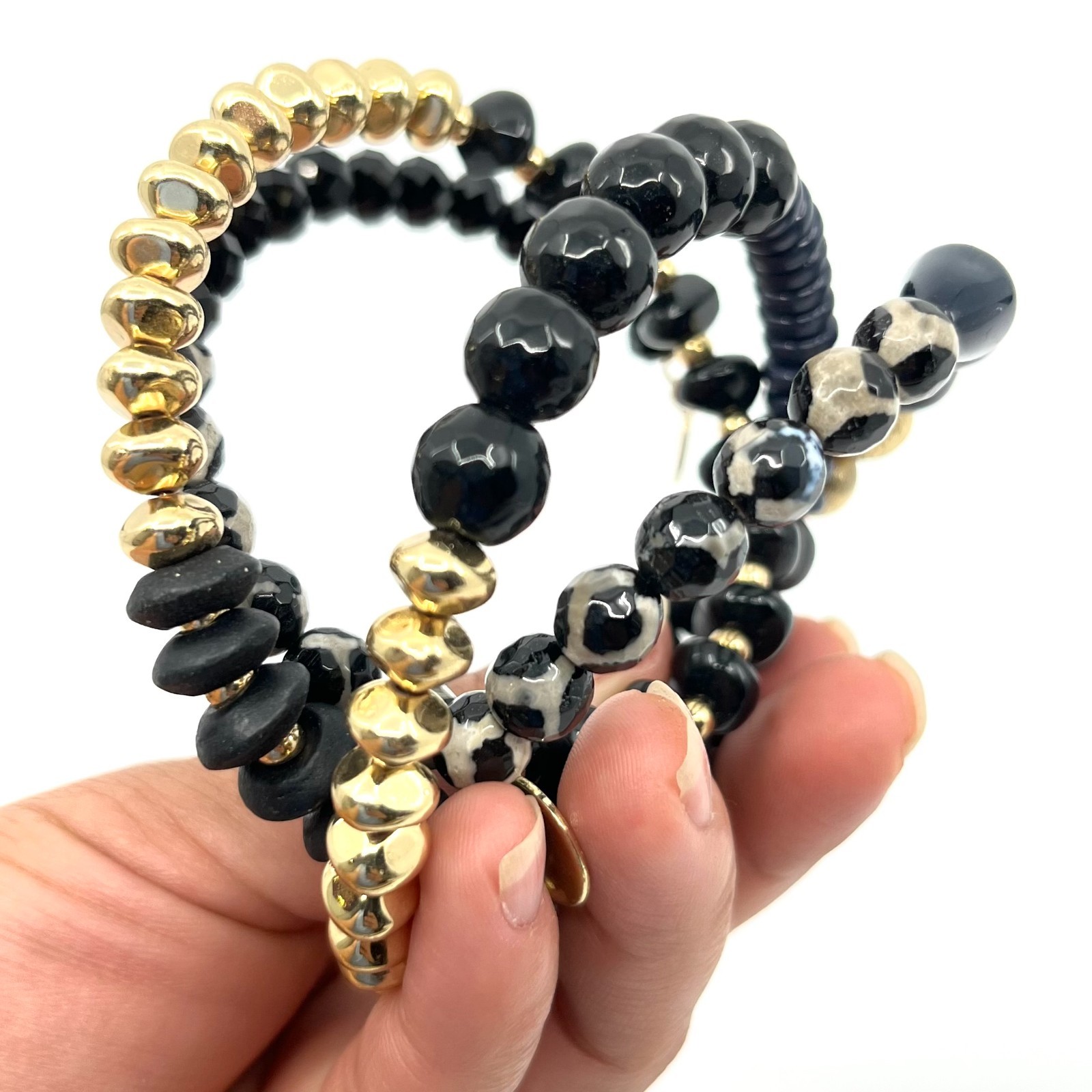 Vintage Boho Black Gold Multi-Strand Beaded Wrap Bracelet Mixed Texture Stack