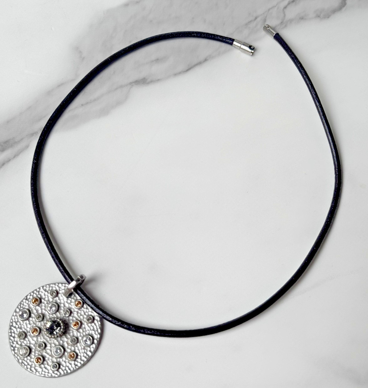 Pre-Owned BARBARA BOZ Round Rhinestone Pendant, 18″ Unmarked Leather Necklace