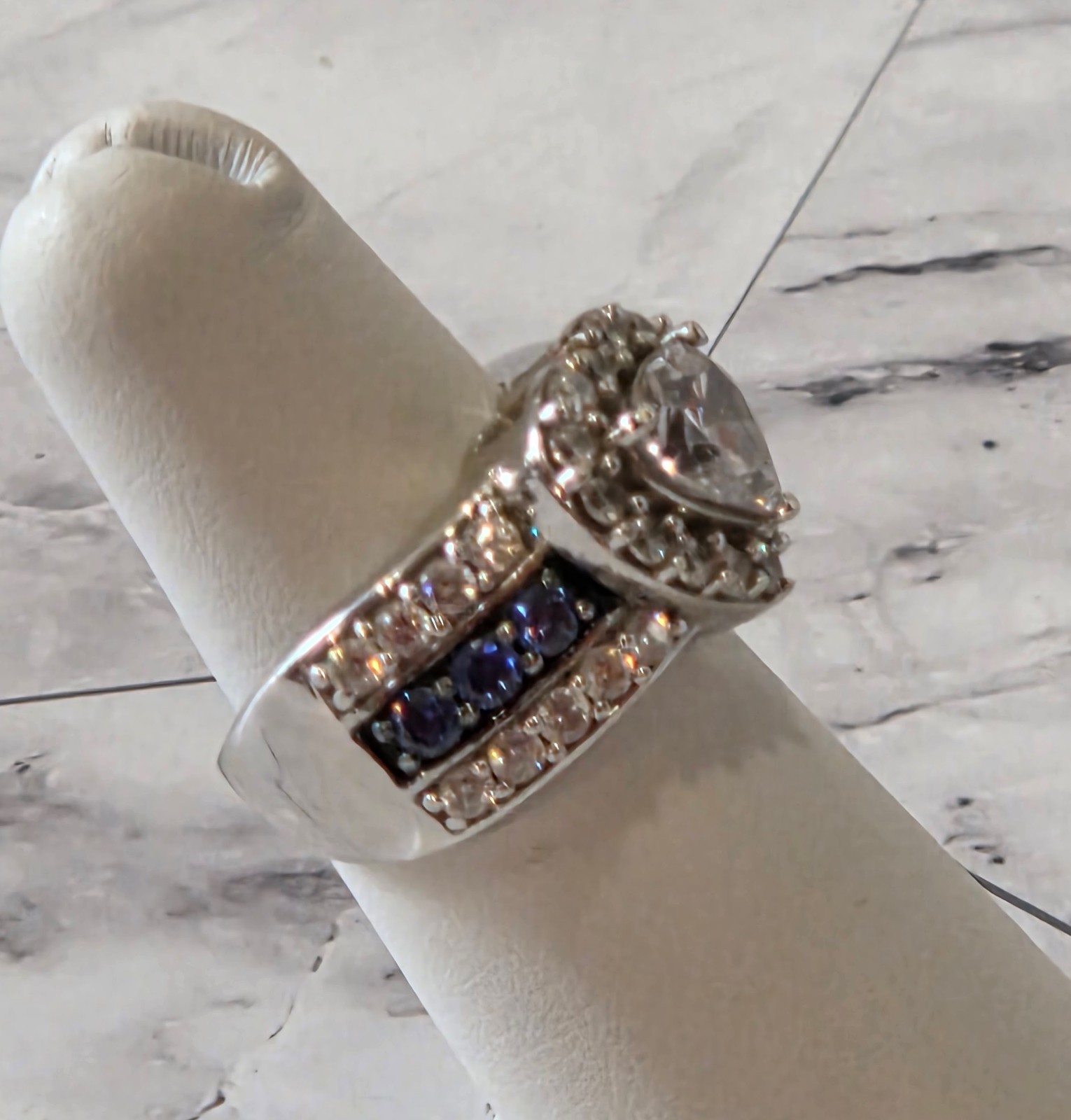 VINTAGE Blue & White CZ 925 Silver Always & Forever Bridal Wedding Ring sz 5