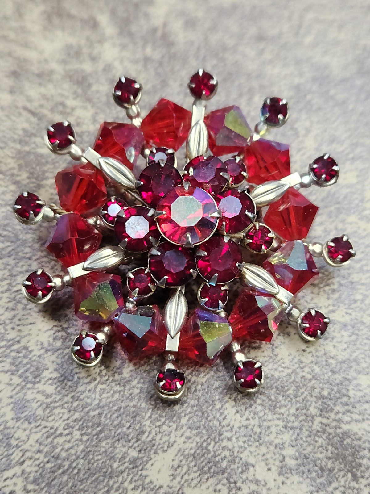 VTG Mid-Century Starburst Red Iridescent Rhinestone & Crystal Beads Brooch
