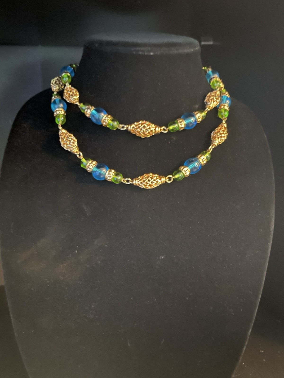 Sandra Miller Burrows(SMB) Gold-tone Filigree Necklace with Blue and Green Beads