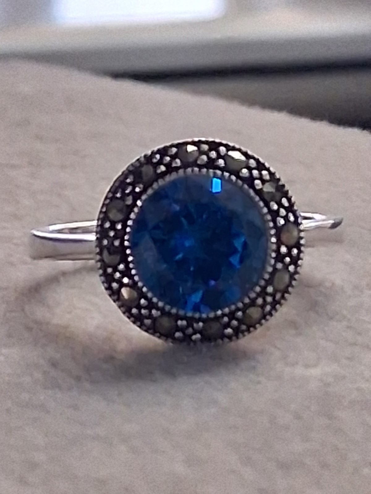 Blue faceted & marcasite halo ring, silverplated, round setting, SZ 6.75