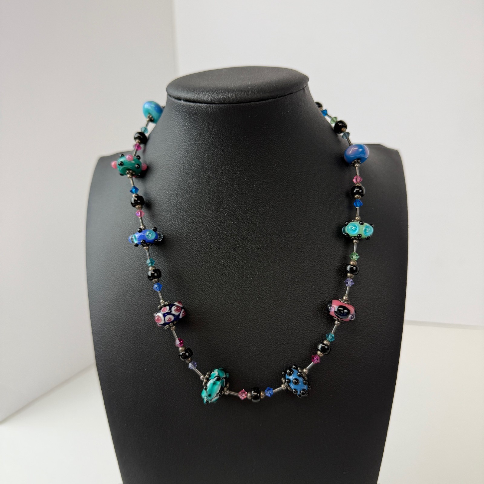 Vintage Art Lampwork Glass Swirl Beaded Necklace 925 Sterling Silver Polka Dot