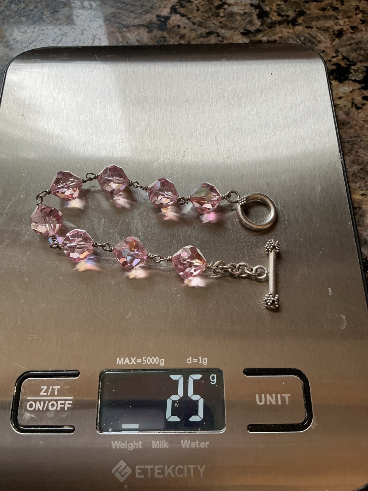 Vintage Pink Crystal Bicone Beaded 8” Bracelet Silver Toggle Clasp Non-Magnetic